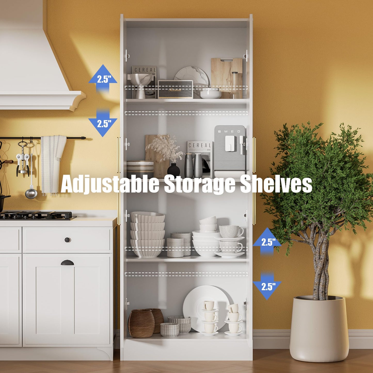 Housoul 71" Tall Pantry Cabinet with 4 Doors, Kitchen Pantry Storage Cabinet, Freestanding Larder Cupboard, Kitchen Hutch with Gold Handles for Dining Room, Bathroom, White
