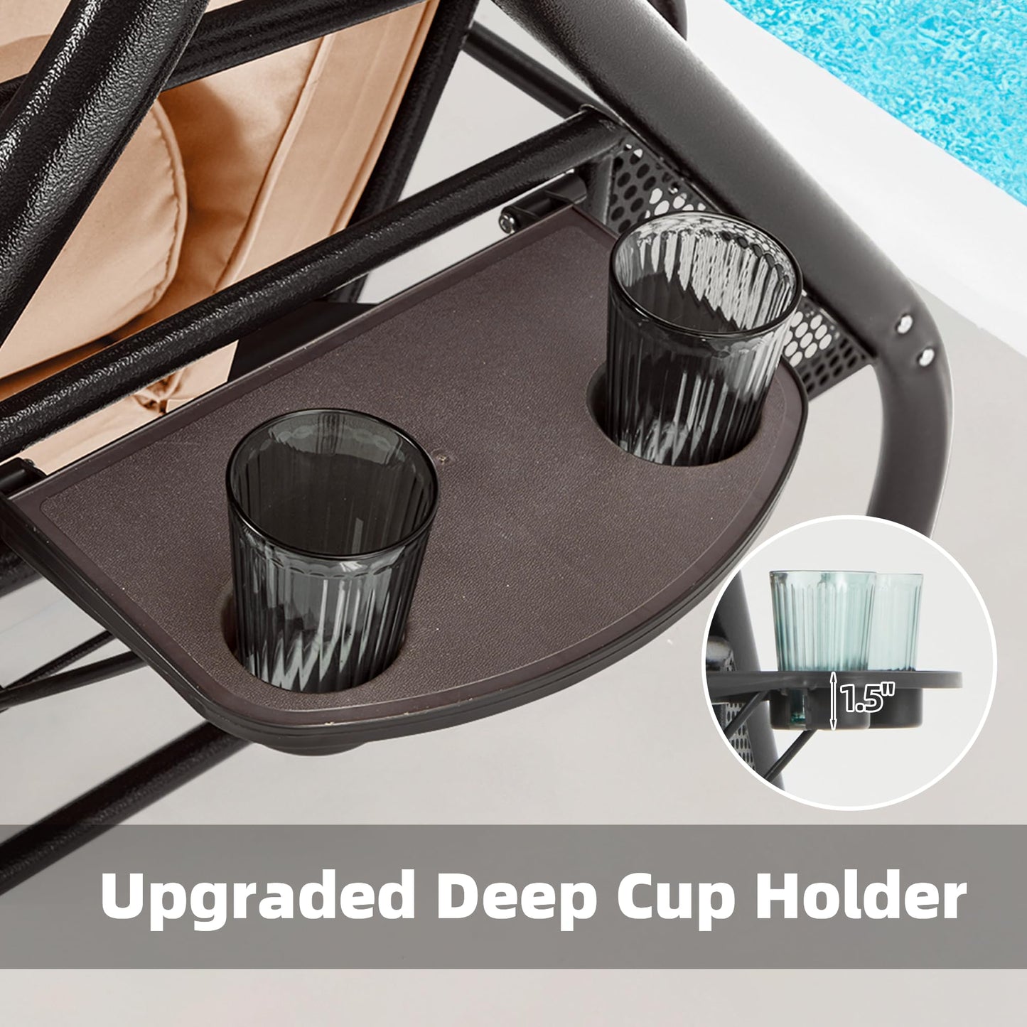HOMREST 3 Seat Outdoor Porch Swing with Adjustable Canopy, Convertible Patio Swing Bed with Stand, Patio Glider Swing with Upgraded Cup Holder, Thicken Cushions ＆ Pillow for Backyard(Khaki)