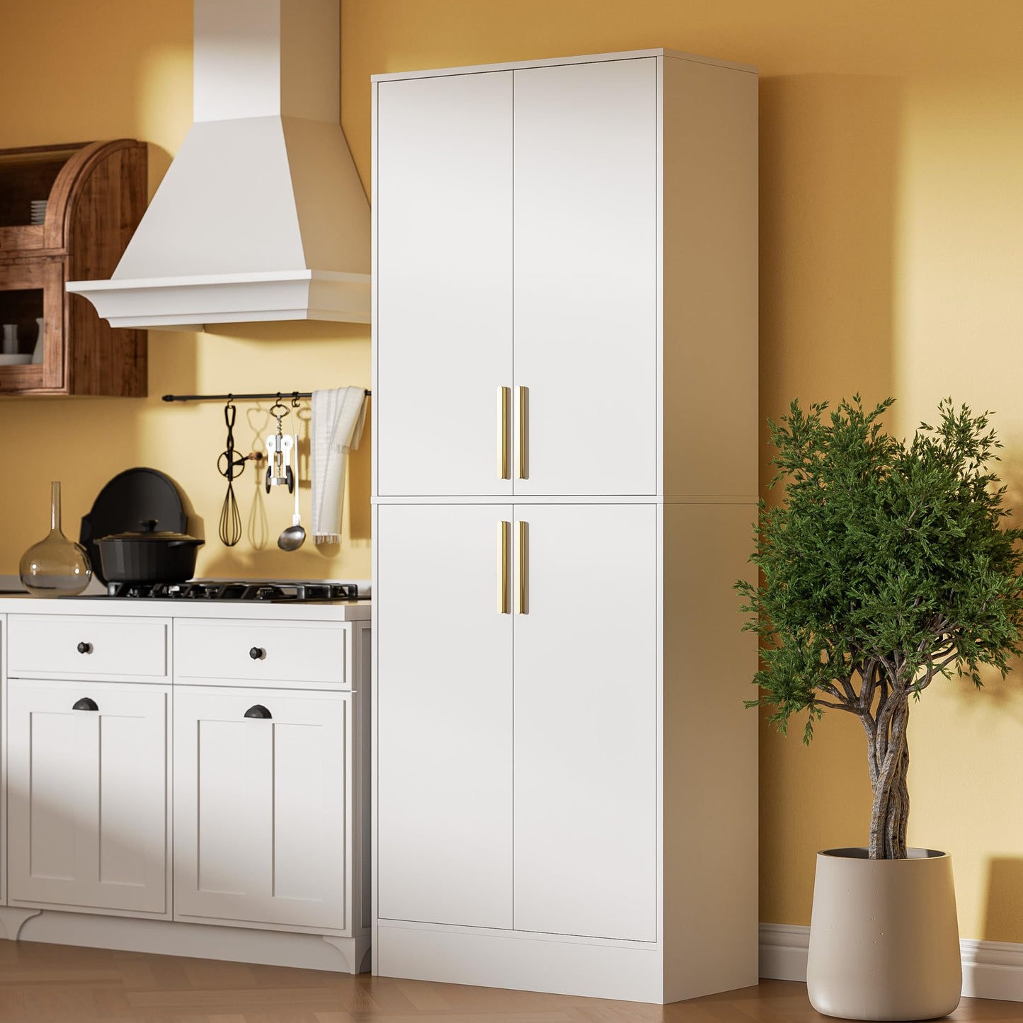 Housoul 71" Tall Pantry Cabinet with 4 Doors, Kitchen Pantry Storage Cabinet, Freestanding Larder Cupboard, Kitchen Hutch with Gold Handles for Dining Room, Bathroom, White