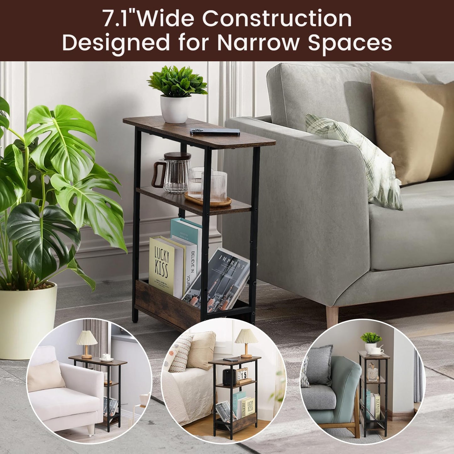 Narrow Side Table for Small Spaces, 3-Tier Small End Table with Storage Shelf and Magazine Holder, Slim and Skinny Nightstand for Bedroom, Living Room Sofa Table for Space Saving, Brown