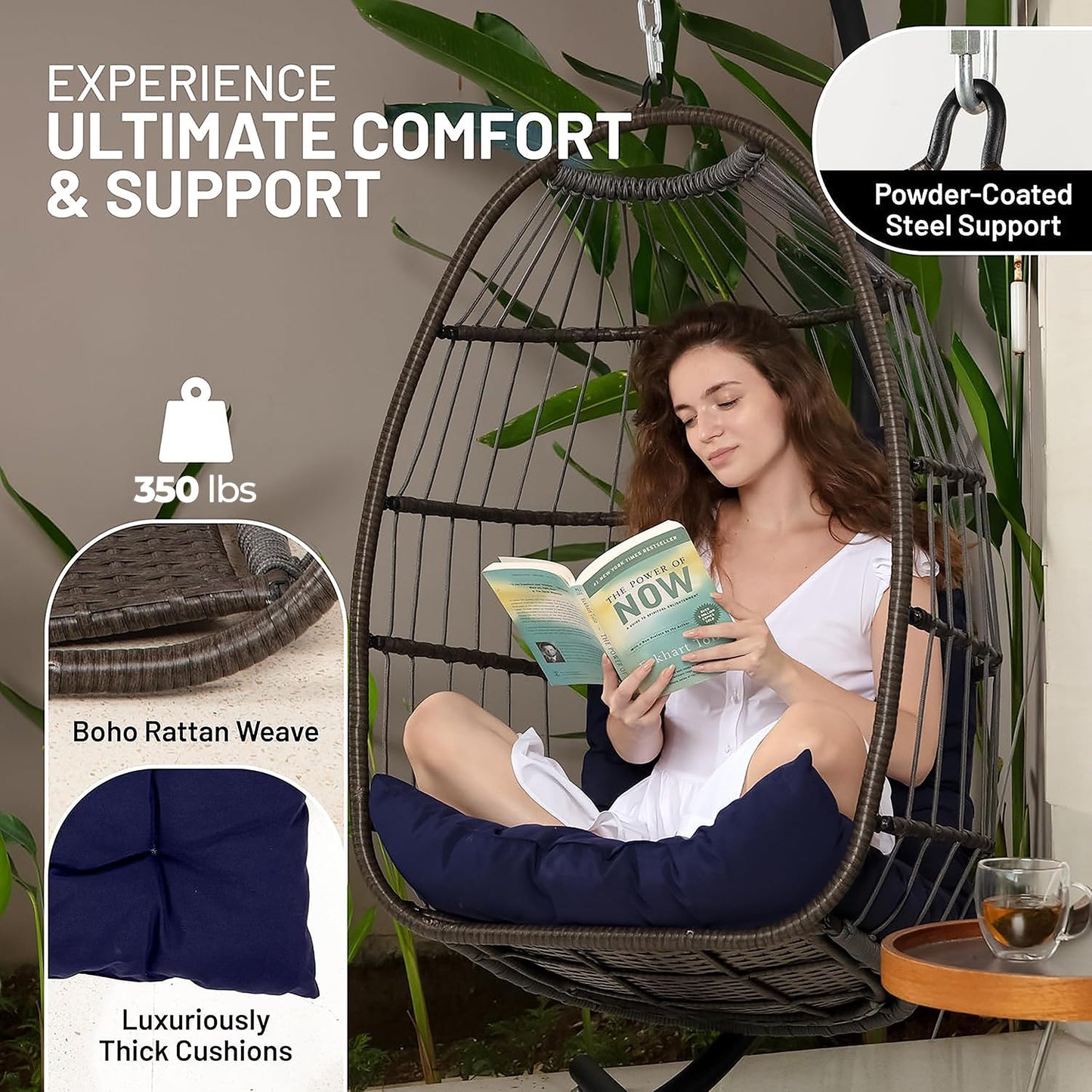 SereneLife Foldable Rattan Wicker Egg Chair Hanging Swing with Stand Waterproof Cushion and Headrest for Indoor Living Room Bedroom Patio Porch Balcony Garden Outdoor Use Deep Blue 350 lb Capacity