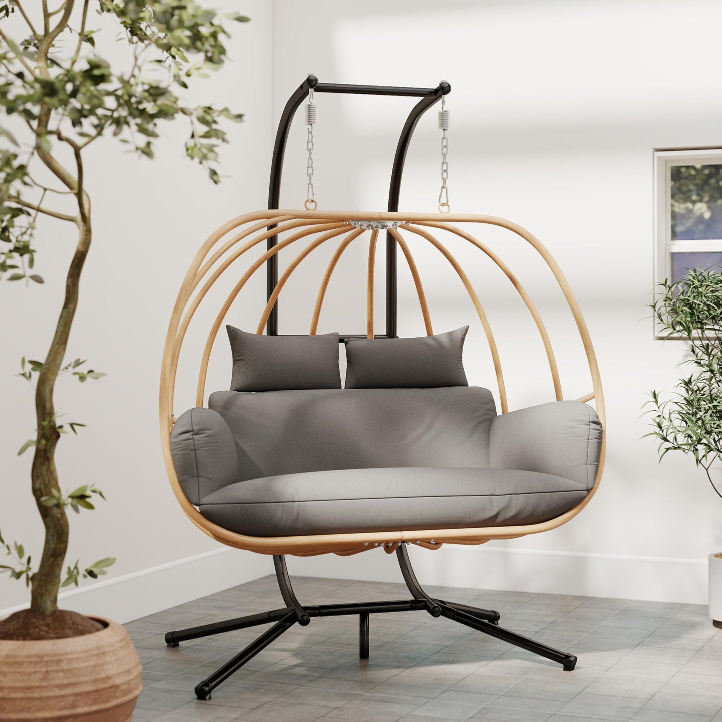 DAYARUS Double Egg Swing Chair with Stand, All Weather Egg Chair Outdoor with Cushions, Imitation Rattan Hanging Egg Swing Basket, 2 Person Hanging Chairs, Metal Nest Chair for Balcony/Deck, Grey