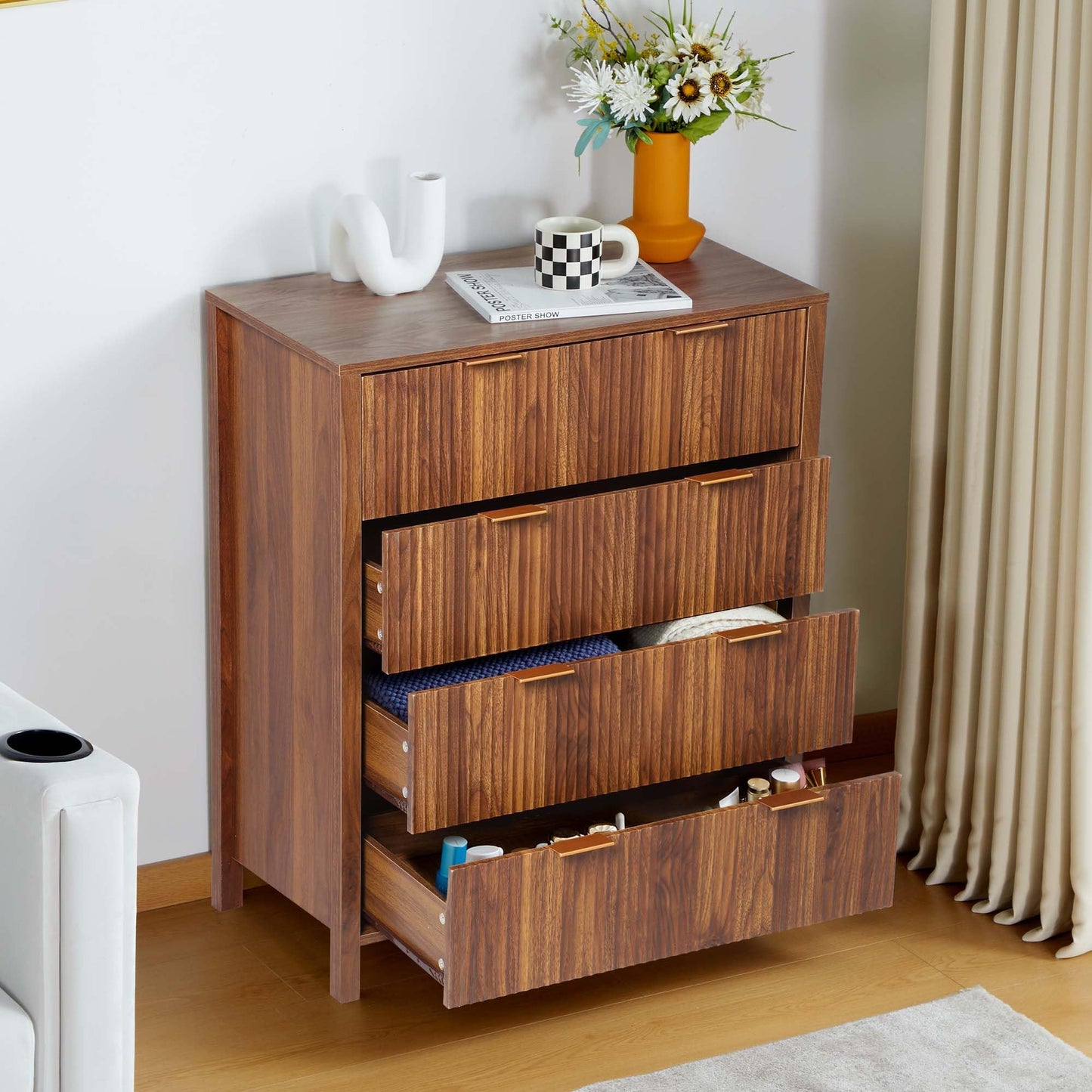 XUZENEST 4 Drawer Dressers for Bedroom, Modern Closet Chest of Drawers with Waveform Fluted Panel, Large Wood Storage Dresser Organizer for Nursery Bedroom Living Room Hallway Closet, Walnut