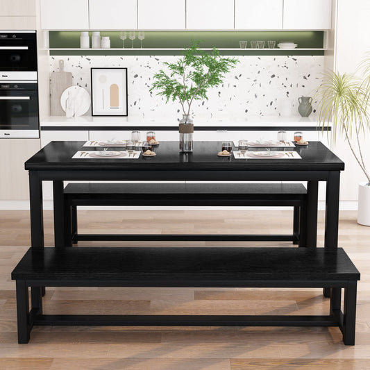 AWQM Dining Table Set for 4, Kitchen Dining Table with 2 Benches, Dining Room Table Set with Metal Frame & Thickened Board for Kitchen, Restaurant, Black, 43'' Breakfast Table Set (A006-11H2-L)
