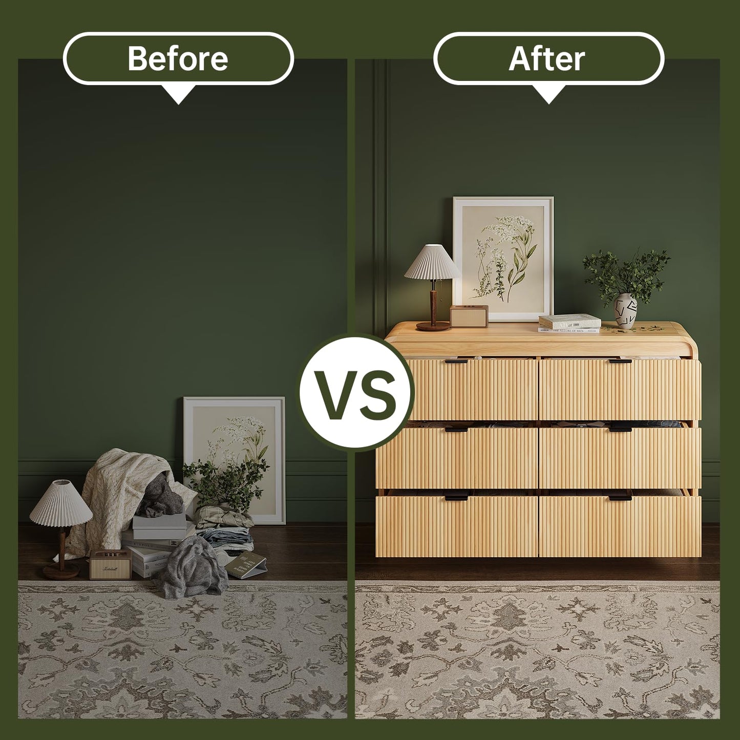 FURSUN Fluted 6 Drawers Dresser for Bedroom, 54" Wide Wooden Dresser with Metal Handle, Curved Profile Design, Modern Storage Organizer for Living Room, Hallway (Natural Oak)