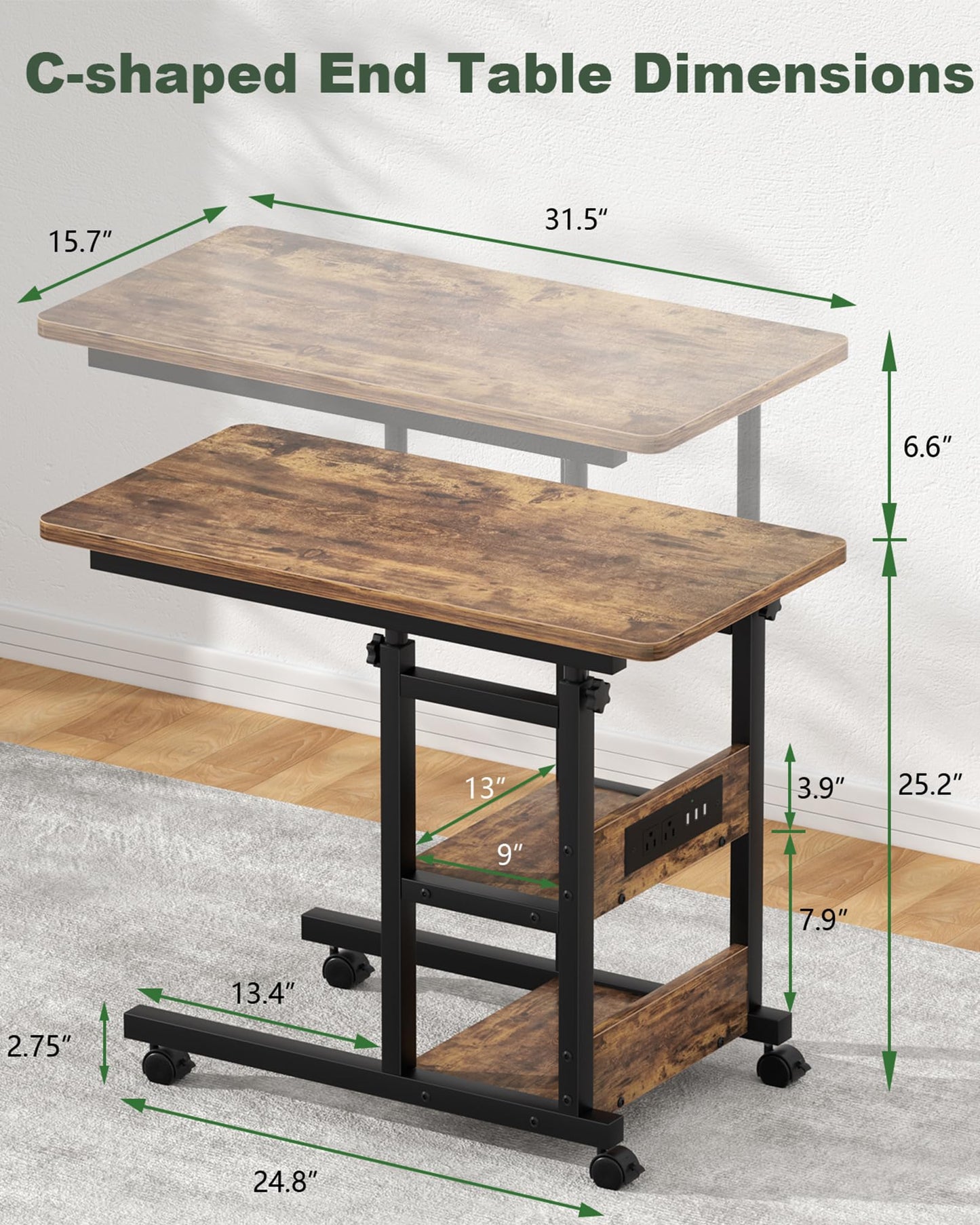 C Shaped End Table Height Adjustable - Couch Side Table with Charging Station, TV Tray with Wheels Slide Under Sofa for Small Spaces, Living Room Bedroom, Rustic Brown