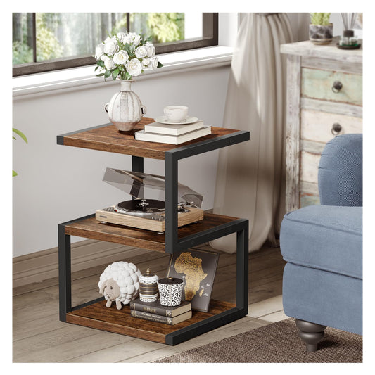 Asgolion Side Table with 3-Tier Storage, S-Shape Bedside End Table for Small Spaces, 21.6'' Small Nightstand for Living Room, Bedroom, Easy Assembly, Rustic Brown and Black