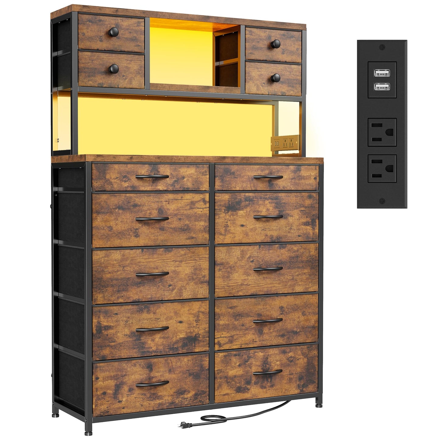 EnHomee Tall Dresser for Bedroom with 14 Storage Drawers,Fabric Dresser with Charging Station and LED Lights,Dressers & Chests of Drawers for Bedroom, Steel Frame & Wooden Top,Rustic Brown
