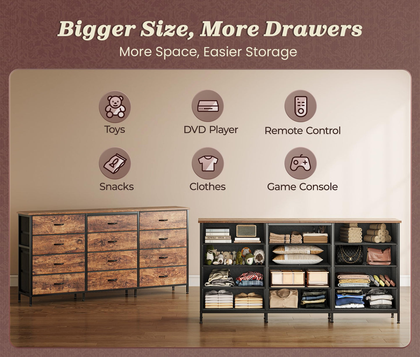 Huuger 63 Inch Long Dresser for Bedroom, TV Stand for 65, 70 Inch TV, 12 Drawer Dresser for Closet, Chest of Drawers, Large Fabric Drawers for Bedroom, Media Console, Rustic Brown