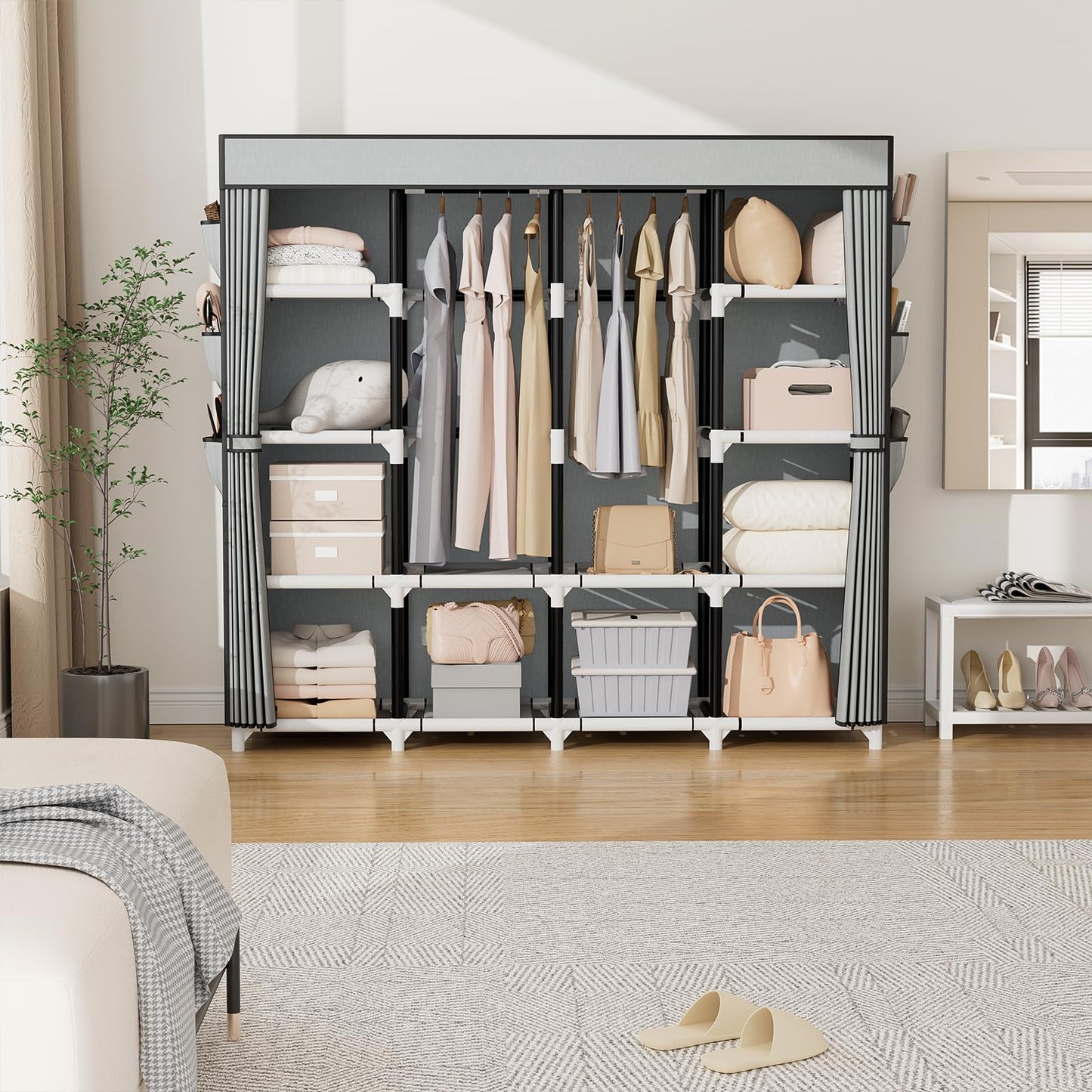 VTRIN Portable Closet, 69 Inch Wide Wardrobe Closet for Hanging Clothes, 19mm Metal Pipe,Sturdy Clothes Rack with Cover, 2 Hanging Rod,12 Shelves, 6 Pocket, Free Standing Closet for Bedroom