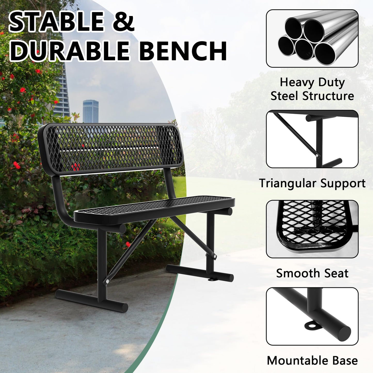 HIMcup 4 FT Heavy Duty Metal Park Bench with Back for Outside, Outdoor Black Bench with Backrest & Portable Frame, 1-3 Person Seat-Commercial Benches Garden Benches for Outdoors