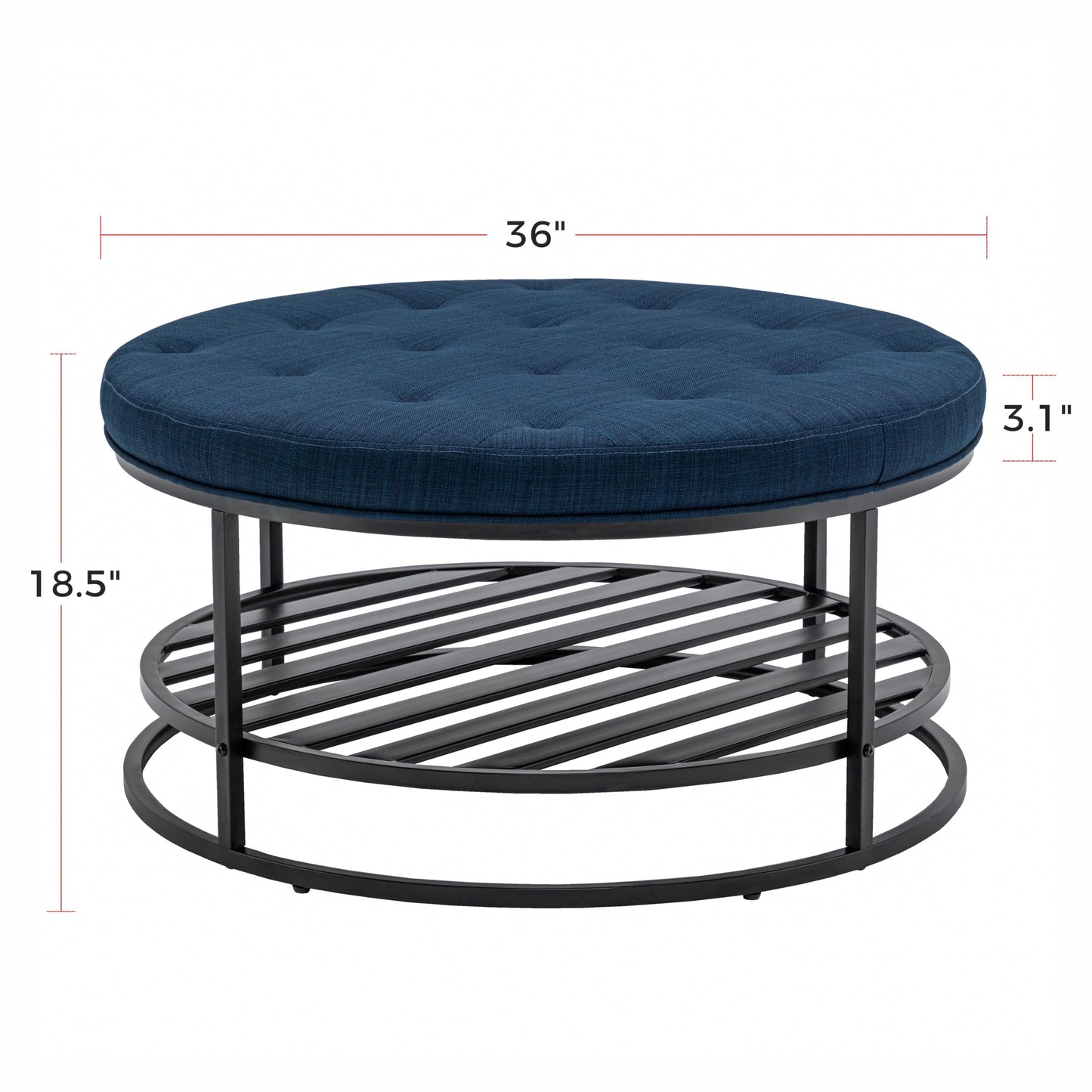 BARNUT Ottoman Coffee Tables, 36" Round Upholstered Tufted Linen Coffee Table with Metal Shelf for Living Room, Performance Fabric in Navy