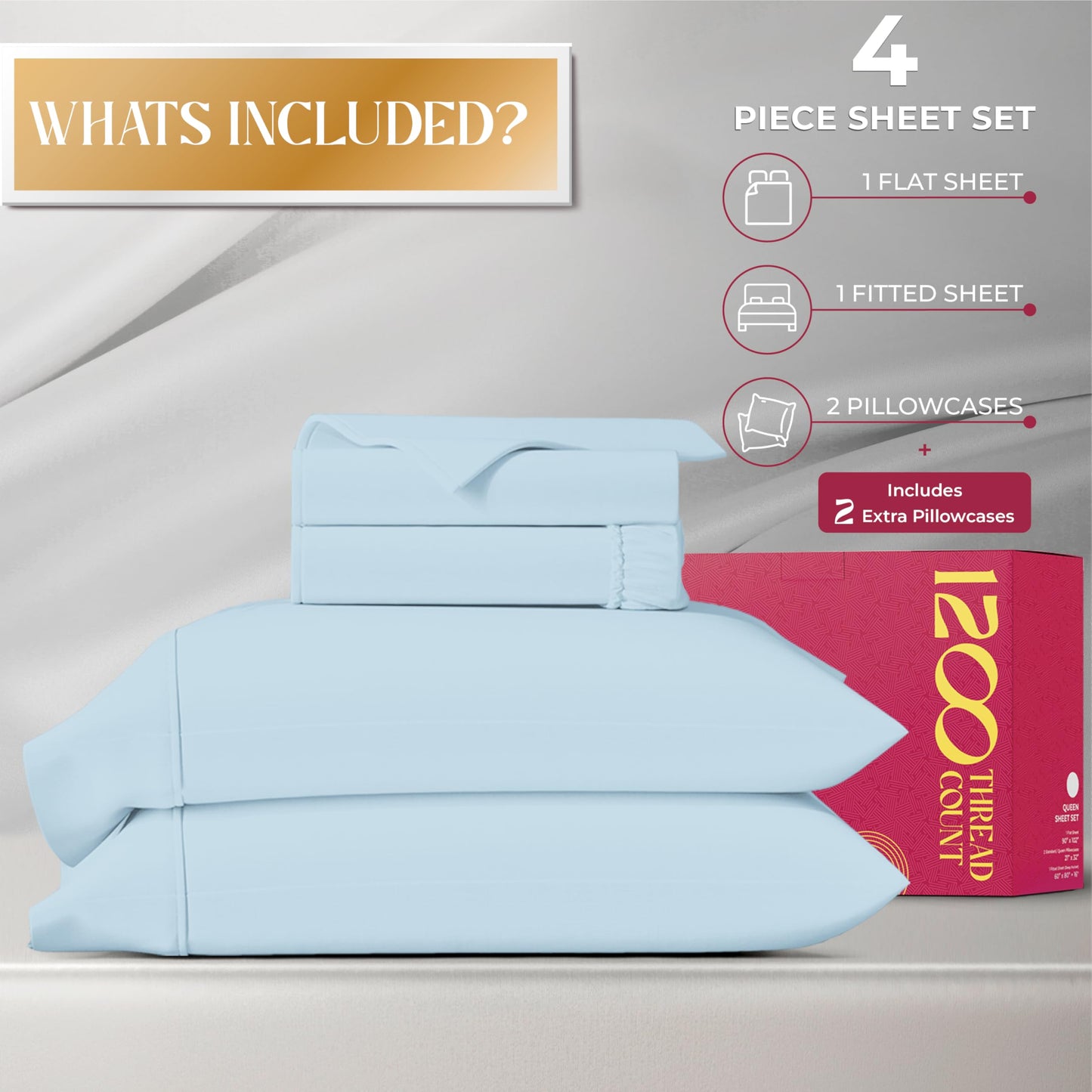 Mayfair Linen 100% Egyptian Cotton Full Size Bed Sheets - Luxury 1200 Thread Count Egyptian Cotton Sheets Full Size Bed Set (4 PC, Light Blue), Soft, Cooling, 17" Deep Pocket Sateen Weave Bedding