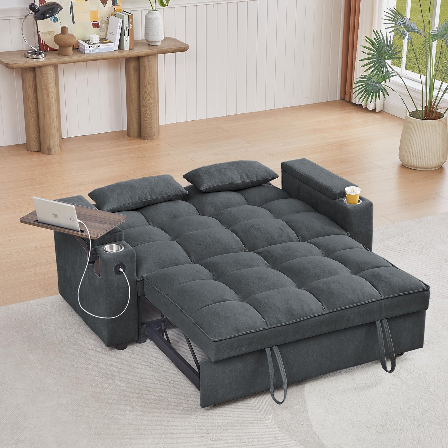 hansones 65'' 3-in-1 Folding Convertible Sofa Bed, Pullout Sofa, Modern Chenille Fabric, 360° Swivel Side Table, Easy Assembly, Perfect for Living Room, Grey