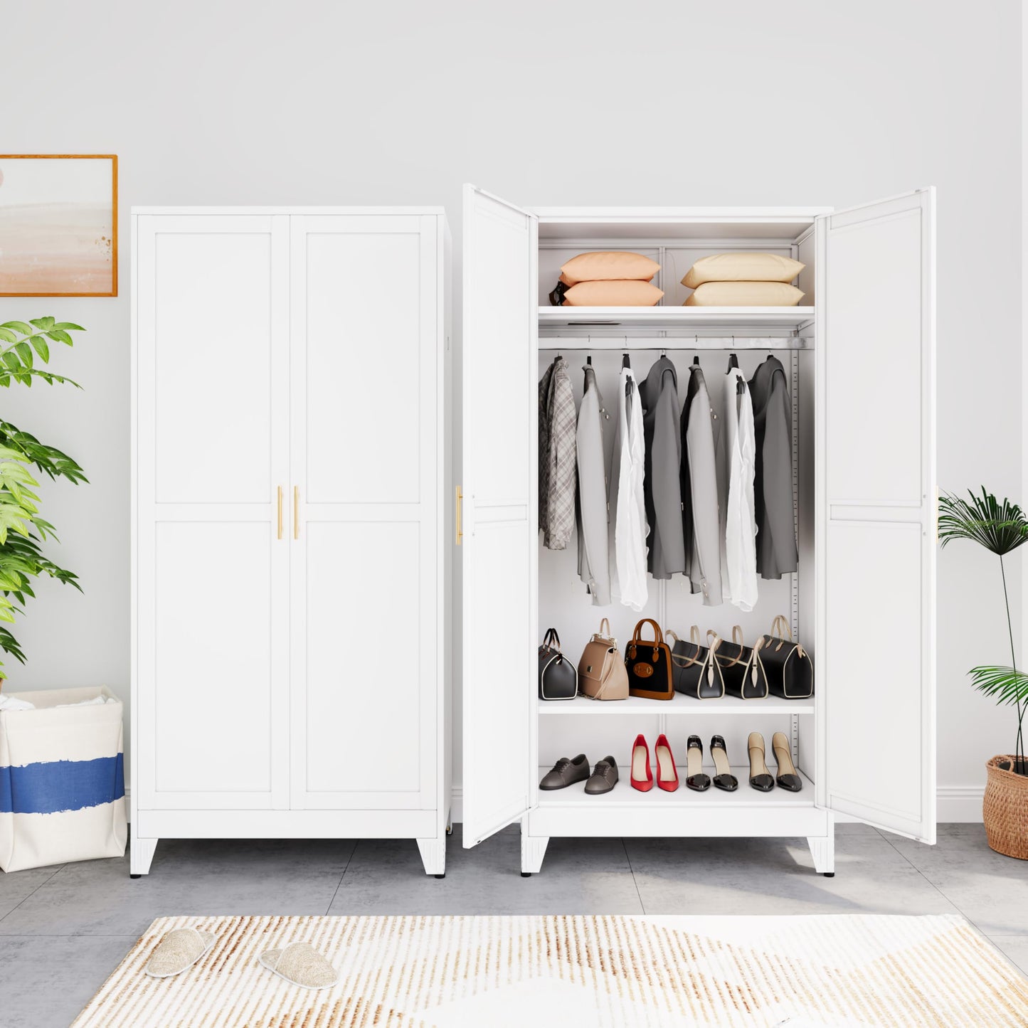 AUEYTVR Metal Armoire Wardrobe Closet Storage Cabinet with Hanging Rod,71'' Metal Wardrobe Cabinet with 2 Doors and 2 Adjustable Shelves for Bedroom, Laundry Room, Cloak Room