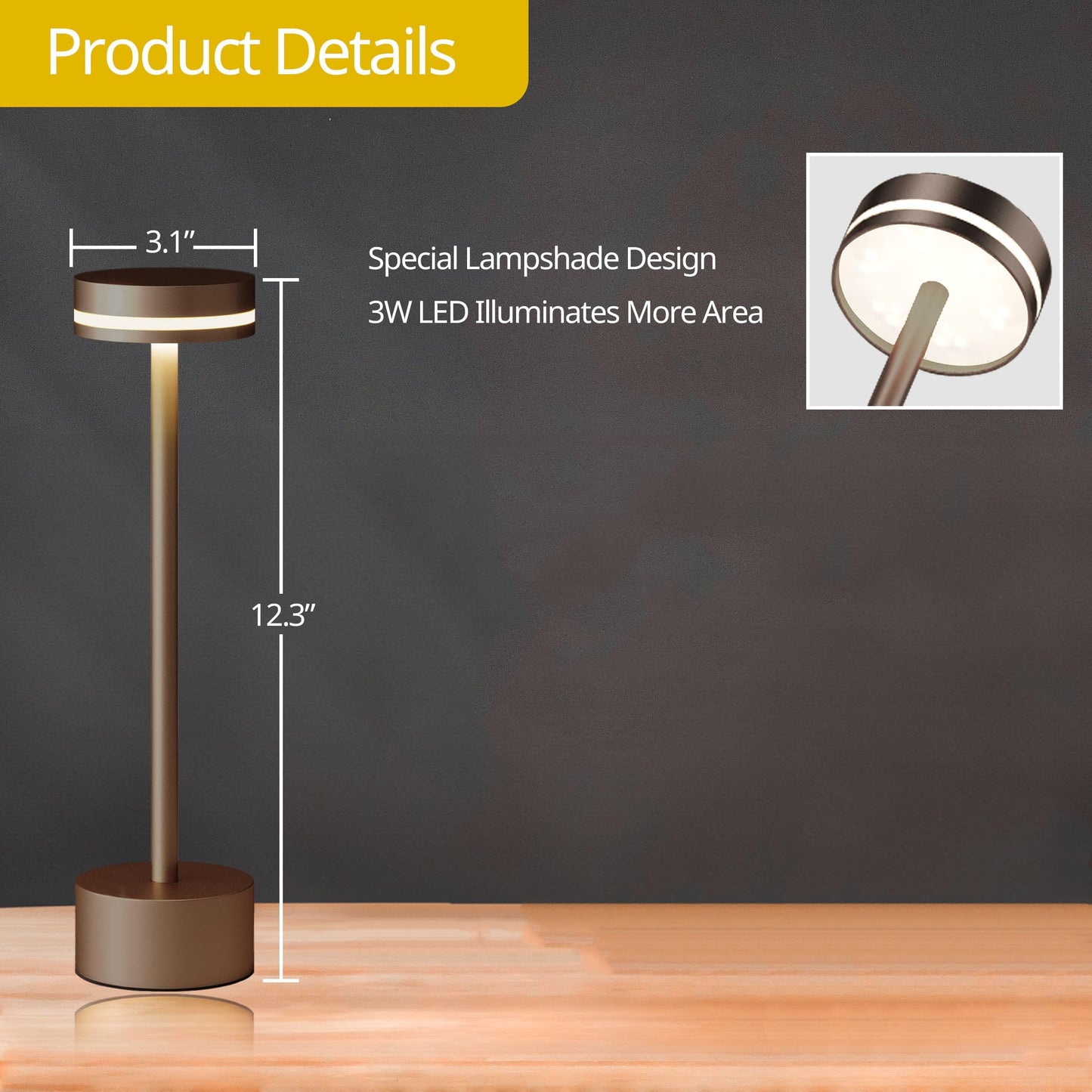 OFiSEXPT Energy Efficient Portable Rechargeable Bedside Lamp, Touch Stepless Dimmable, Cordless Table Lamp Perfect for Home, Bedroom, Hotel, Restaurant, Bar, Outdoor, 1 Pack (Coffee)