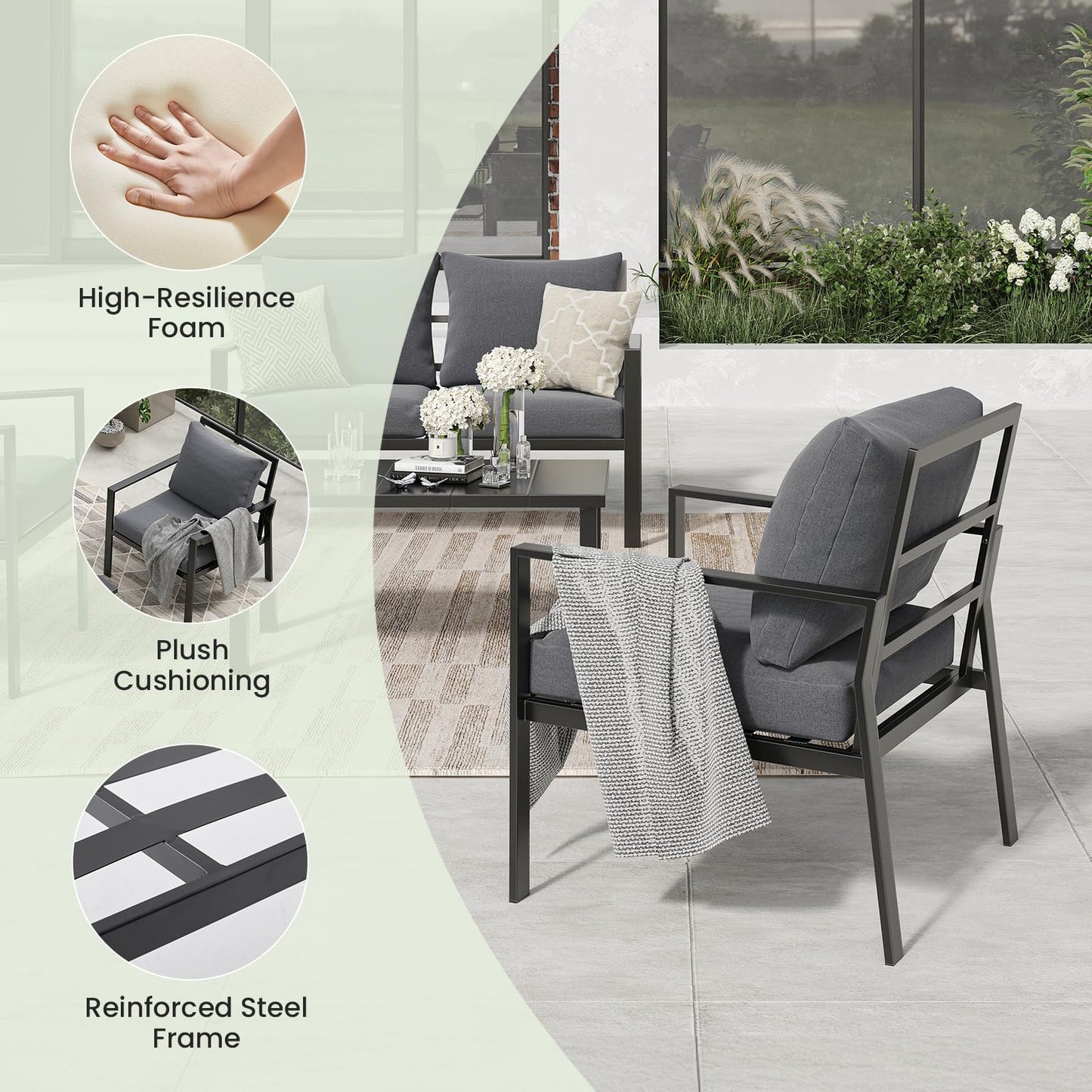 Soohow Patio Furniture Set,5 Pieces Outdoor Patio Furniture with Coffee Table Set,Metal Conversation Set with Waterproof Fabric & High-Resiliency Cushions(Grey)