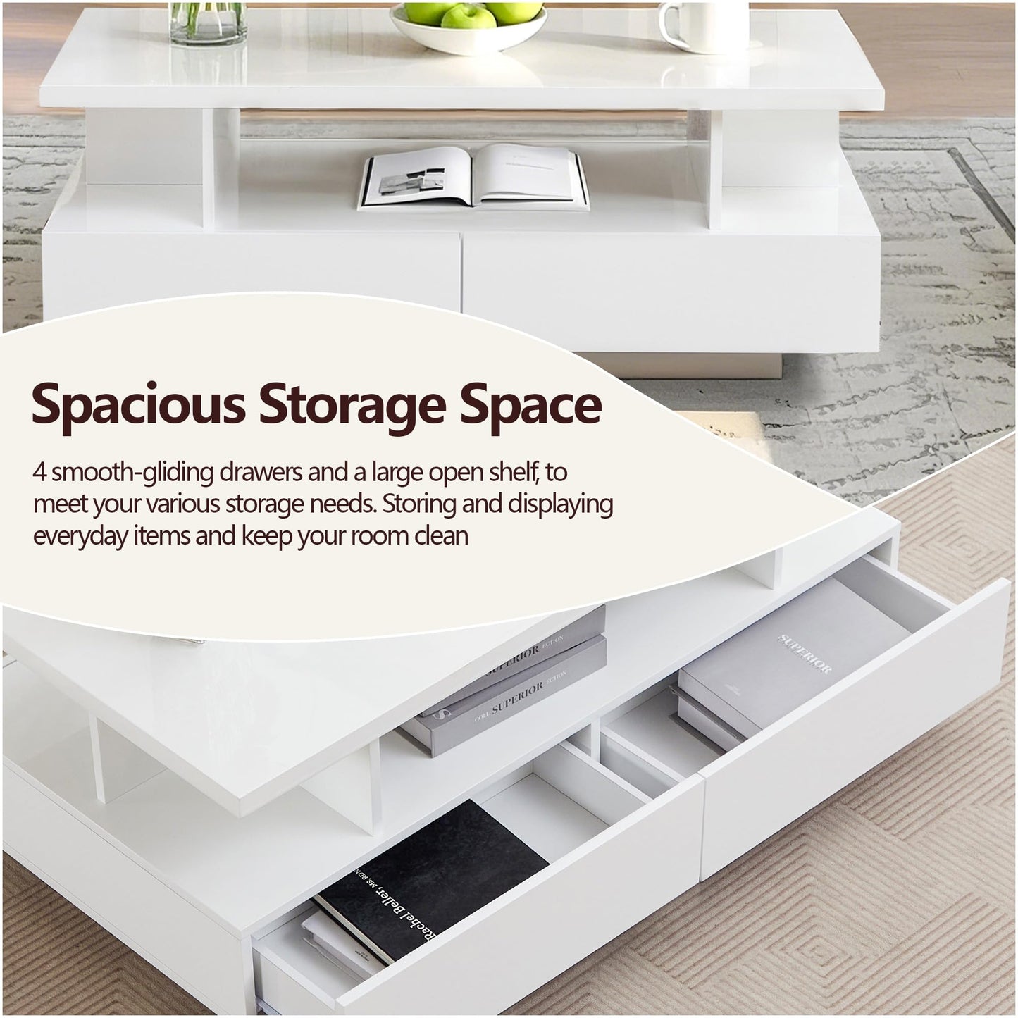 UYIHOME LED Coffee Table with Storage Modern High Gloss Coffee Table with 4 Drawers and Open Shelf Center Table for Living Room, White