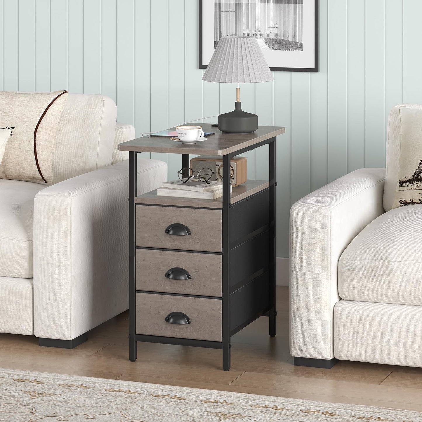 sthmec End Table with Charging Station, Side Tables Livingroom with USB Ports and Outlets,Narrow Nightstands Bedside Tables with 3 Drawers for Small Space,Slim Sofa Table Bedroom,Grey