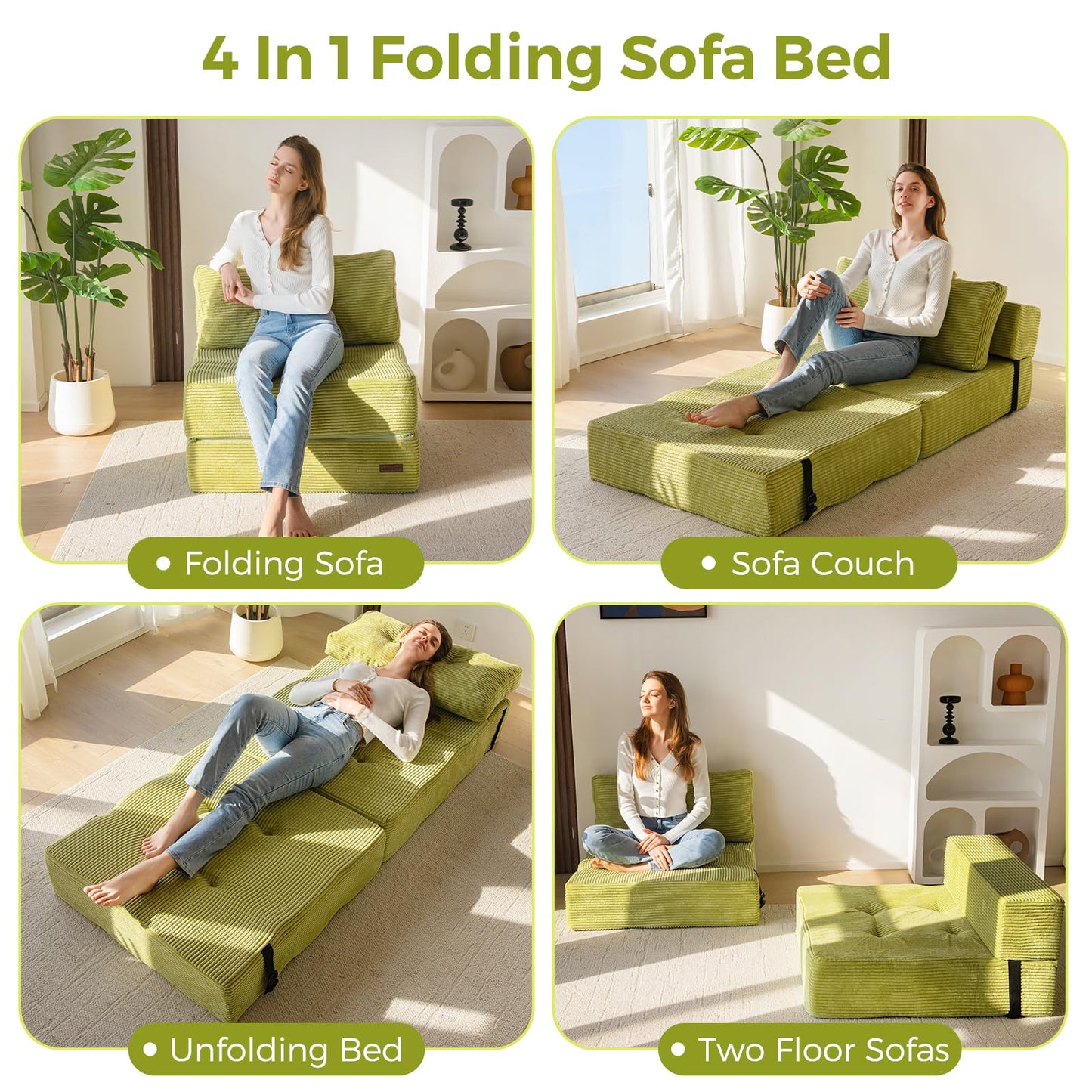 MAXYOYO Folding Sofa Bed, Convertible Sofa Bed with High-Density Support Foam, Portable 4 in 1 Fold Out Chair to Floor Lounger, Versatile Floor Couch for Living Room Bedroom, Green