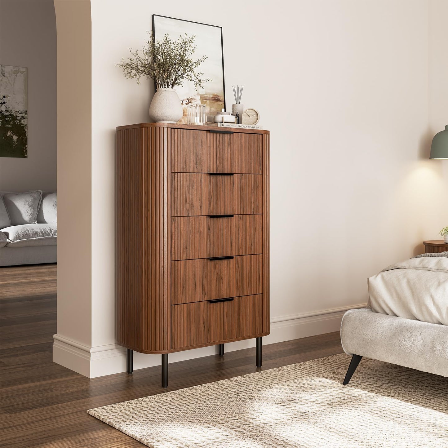 ONBRILL Fluted Dresser for Bedroom with 5 Drawers, 32 inch Chest of Drawers, Mid Century Modern Tall Dressers with Curved Profile Design for Closet, Wood TV Stand for Living Room, Hallway, Walnut