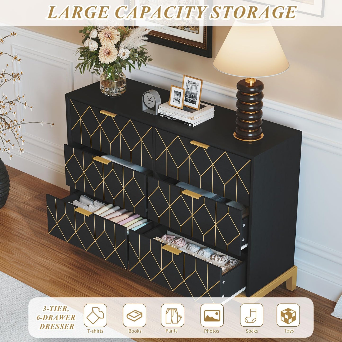 HLR Black Dresser with 6 Drawers,48" Modern Dresser Wide Chest of Drawers with Gold Lines Carved Design,TV Stand, Wood Dressers & Chest of Drawers for Bedroom, Living Room, Hallway