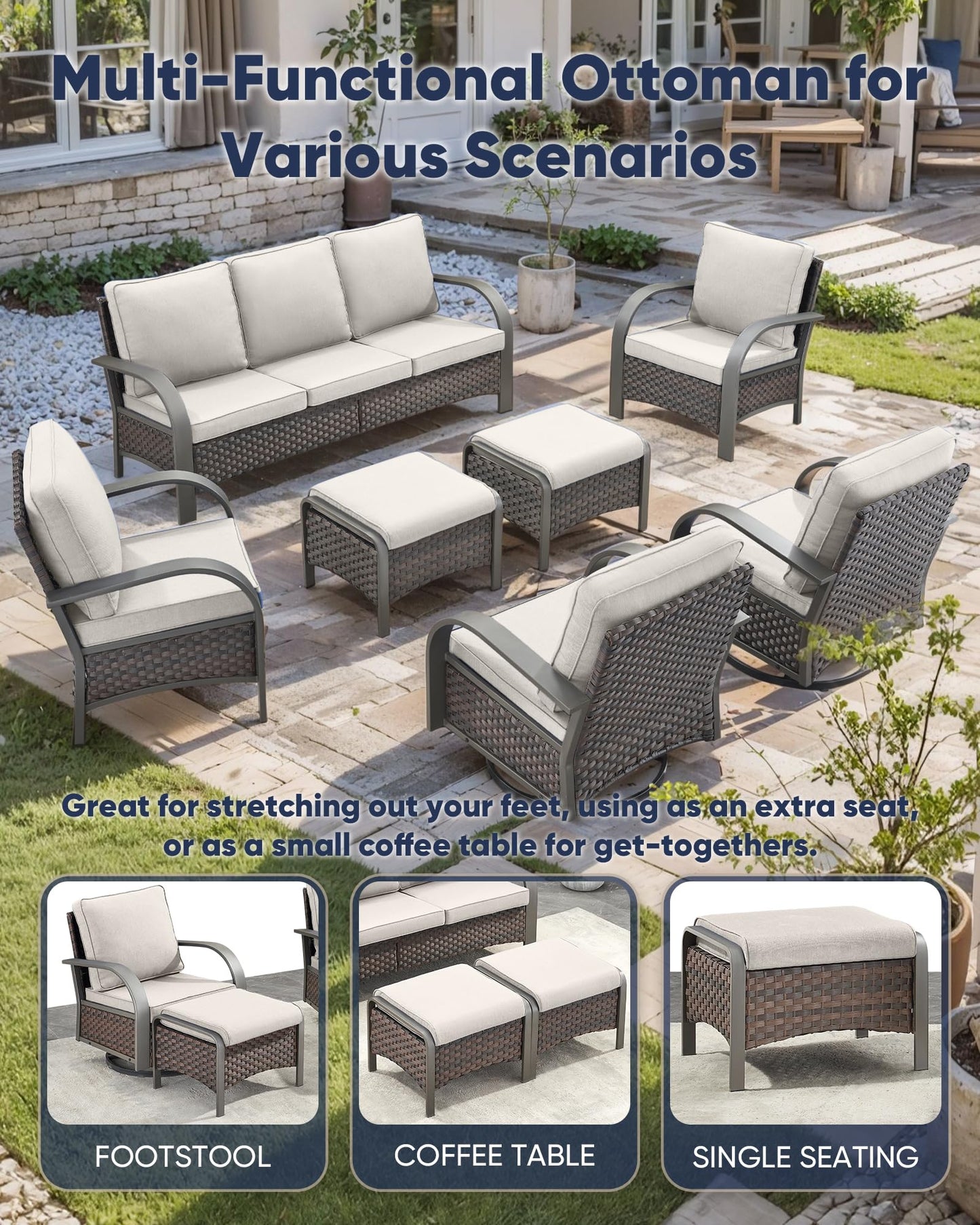 HUMMUH 2 Pieces Outdoor Wicker Ottomans-Outdoor Patio Ottoman with Removable Cushion Outdoor Footstool for Deck Lawn Porch Garden Backyard-Brown/Beige