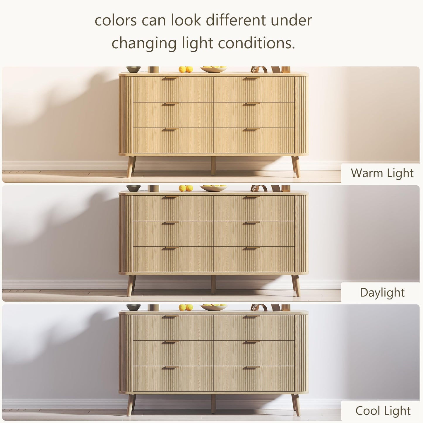 Alohappy Fluted 6 Drawer Dresser with Charging, 57" Wide Wood Dresser TV Stand, Mid Century Modern Long Dressers with Curved Profile Design for Closet (Natural Oak, 17.7" D x 57" W x 31.5" H)