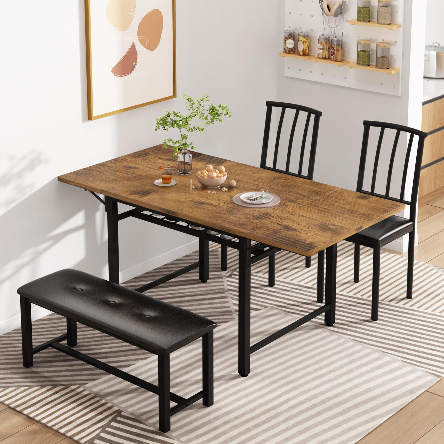 AWQM 4-Piece Faux Wood Drop Leaf Dining Table with Storage Rack, Space Saving Breakfast Nook Table Set with 2 Backrest Chairs and 1 Upholstered Bench, Kitchen Dining Table and Chairs Set for 2-4