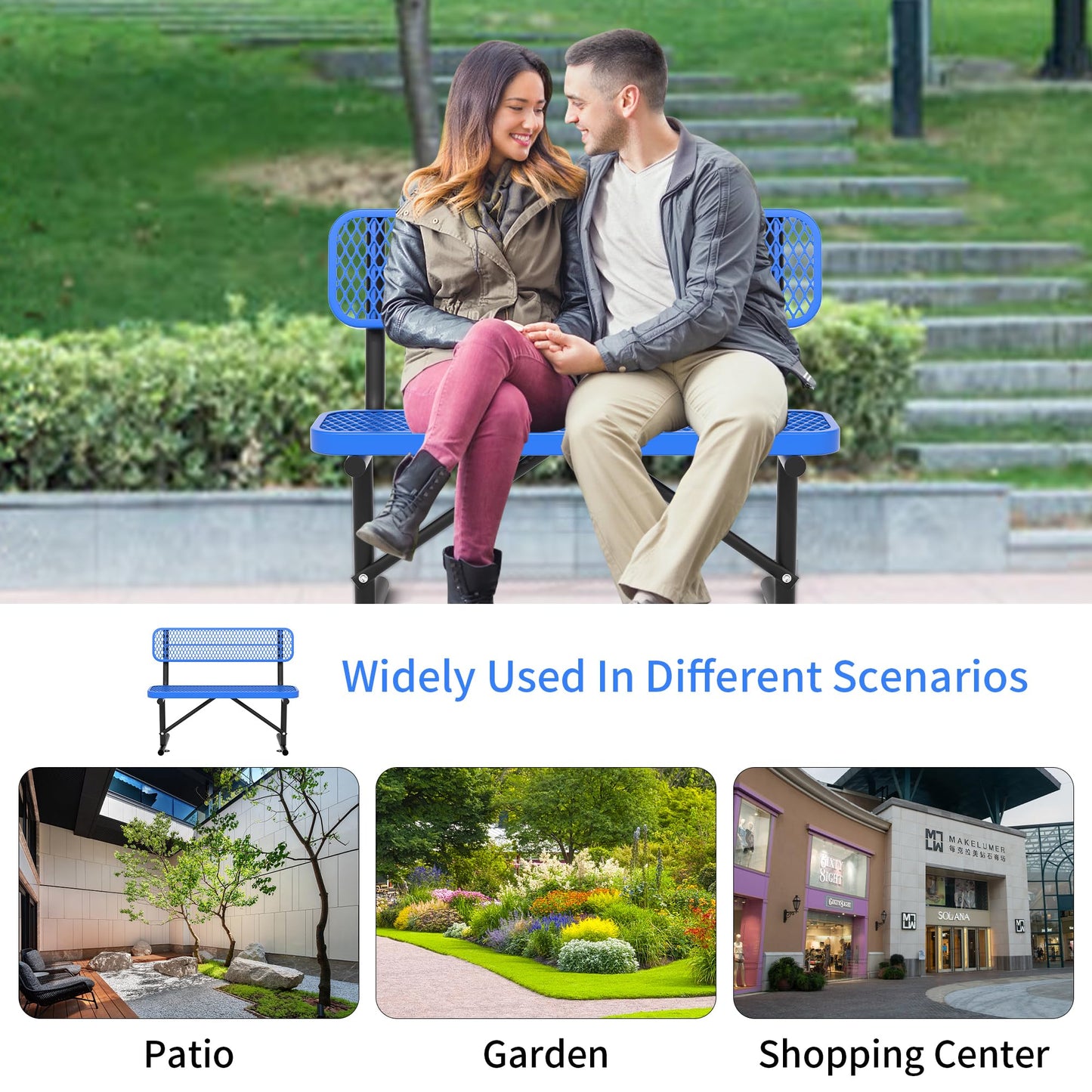 HIMcup 4 Feet Park Benches for Outside,Heavy Duty Patio Garden School Commercial Benches, Weatherproof Outdoor Bench Metal Blue Outdoor Bench, Outdoor Steel Bench with Backrest,48x23.2x32.5inch