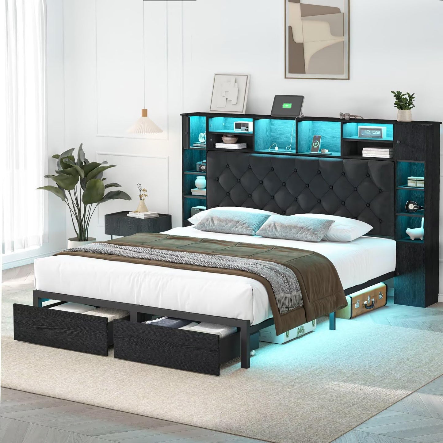 Siihnon Full Size Bed Frame with Bookcase Headboard and Storage Drawers, 51.2" Metal Platform Full Bed Frame with Charging Station and LED Lights, Velvet Upholstered Tufted Bed Frames, Black