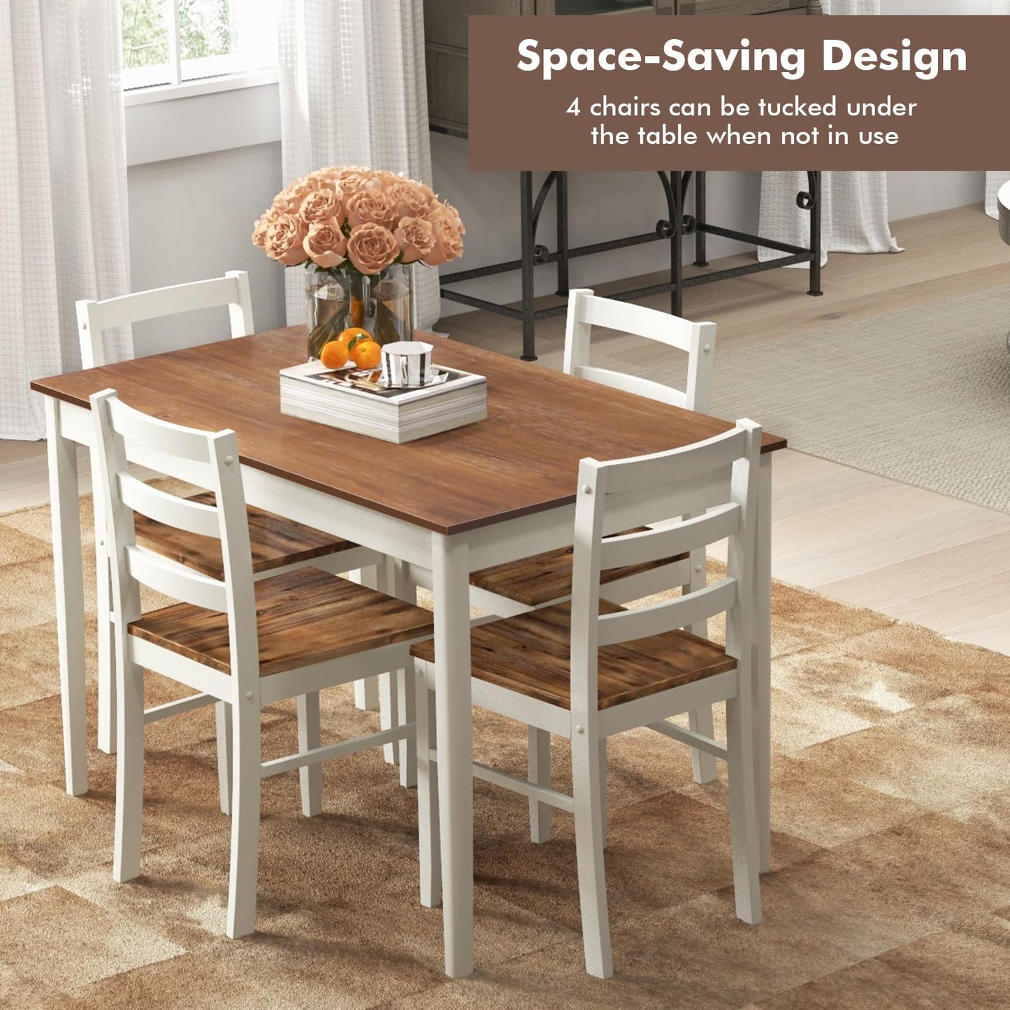 Giantex 5-Piece Dining Set for 4, Solid Wood Rectangular Table & 4 Chairs wtih Rubber Wood Legs, Kitchen Table and Chairs Set for Small Spaces Dinette Dining Room Restaurant (Rustic Brown)