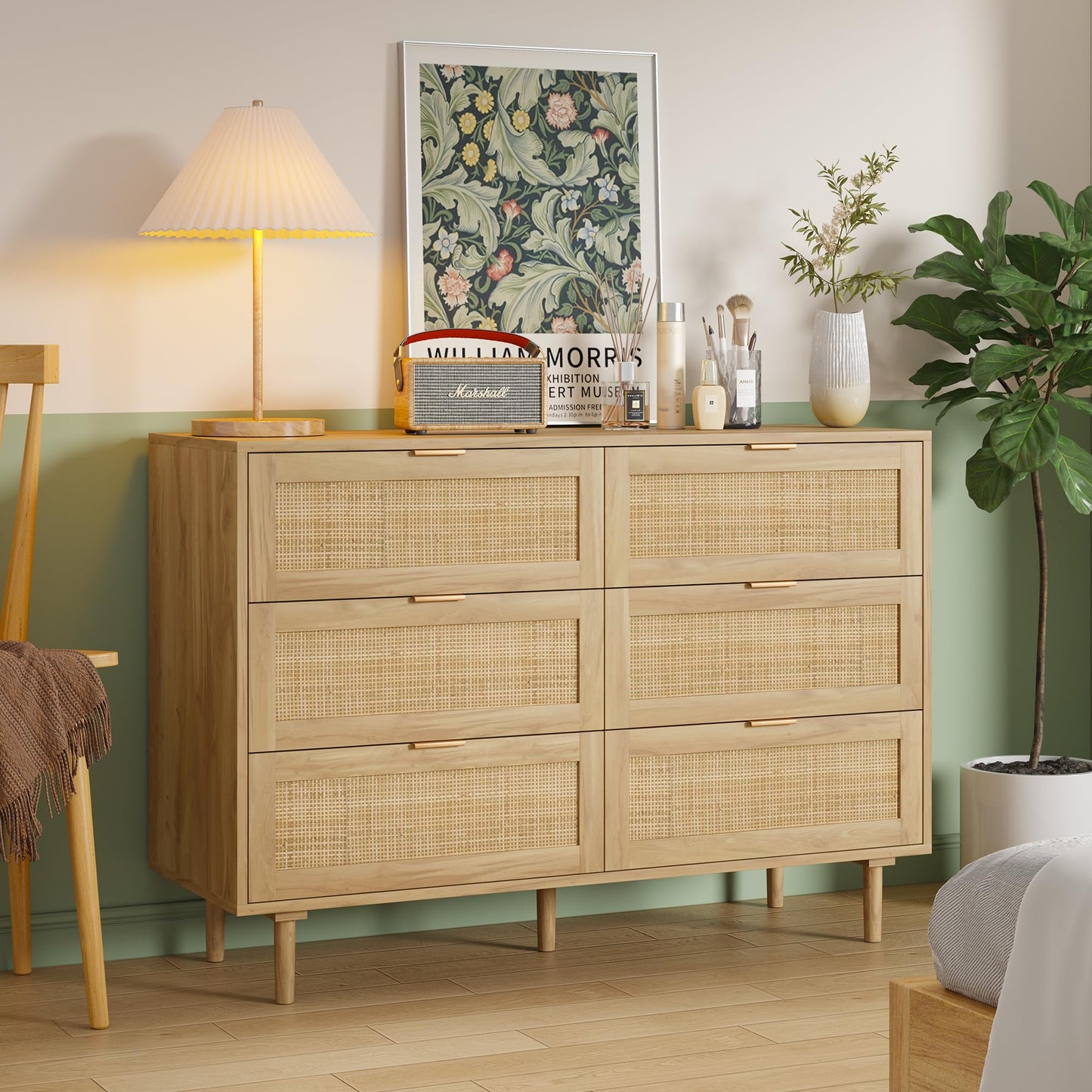Furnideco 6 Drawer Rattan Dresser for Bedroom Wood Dresser for Closet with Solid-Wood Legs Boho Chest of Drawers Beside Table for Bedroom, Living Room, Natural