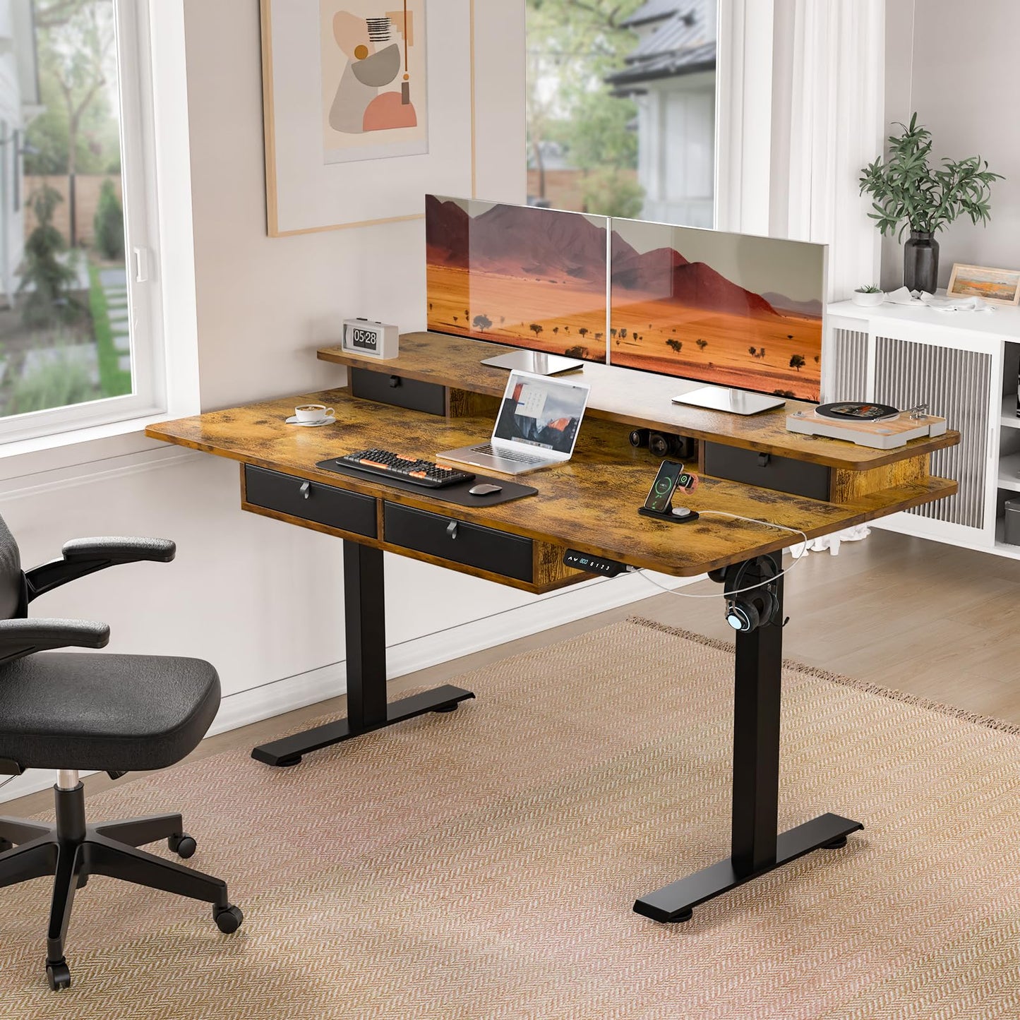 Electric Standing Desk with Drawers & USB Charging Port, 63''x 30''Adjustable Height Sit Stand Up Widened Desktop Desk, Computer Office Desks with Storage for Home Workstation, 3 Memory Height Preset