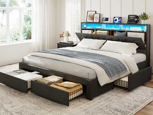 AOVSA King Bed Frame with 4 Drawers, Hidden Storage Headboard with LED Lights and Charging Station, Upholstered Tufted Platform Bed Frame King Size, Noise Free, No Box Spring Needed, Dark Grey