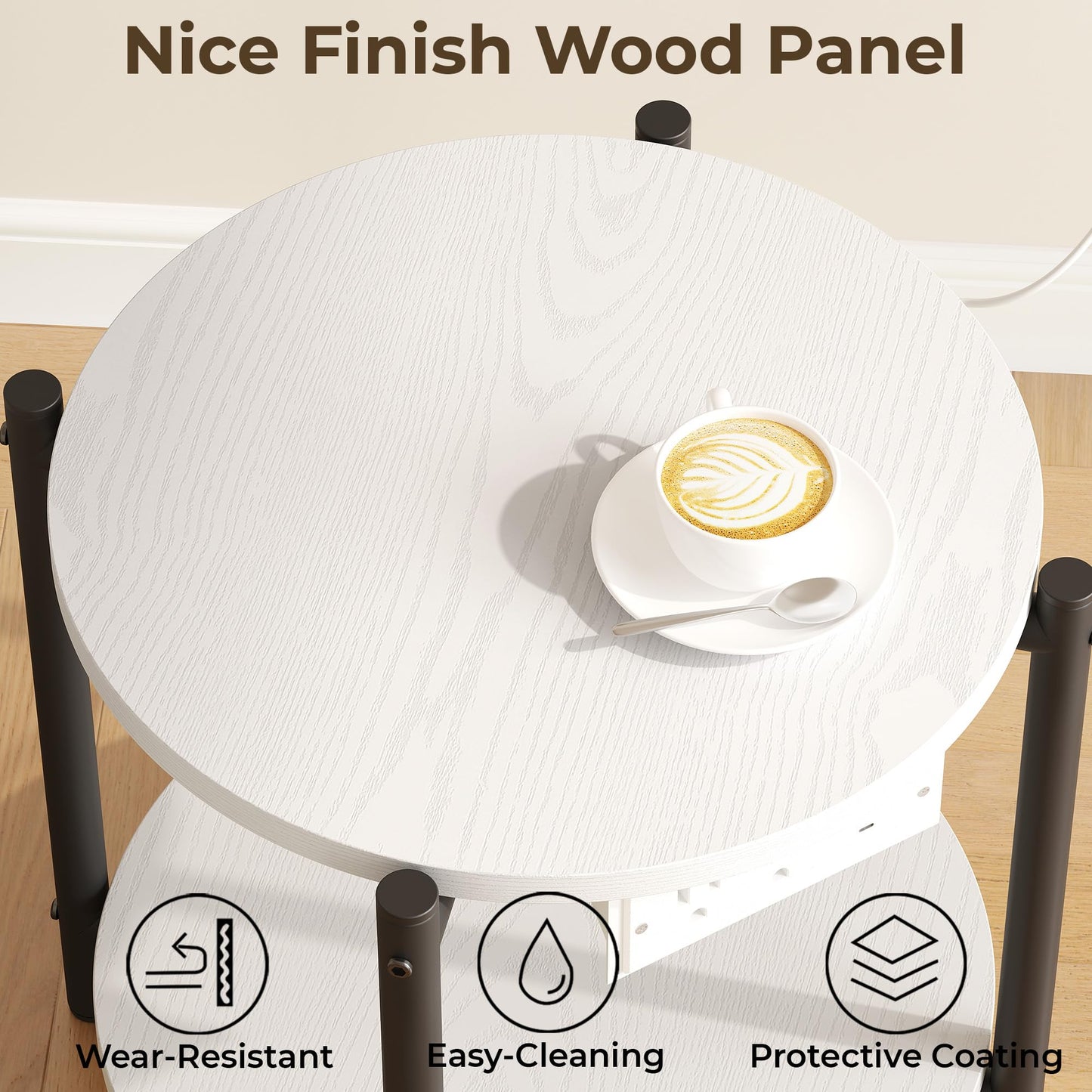 LIKIMIO Side Table with Charging Station, 2-Tier Round End Table with Lower Shelf, 15.8" W Modern Wooden Nightstand for Small Spaces, Living Room, Bedroom, White