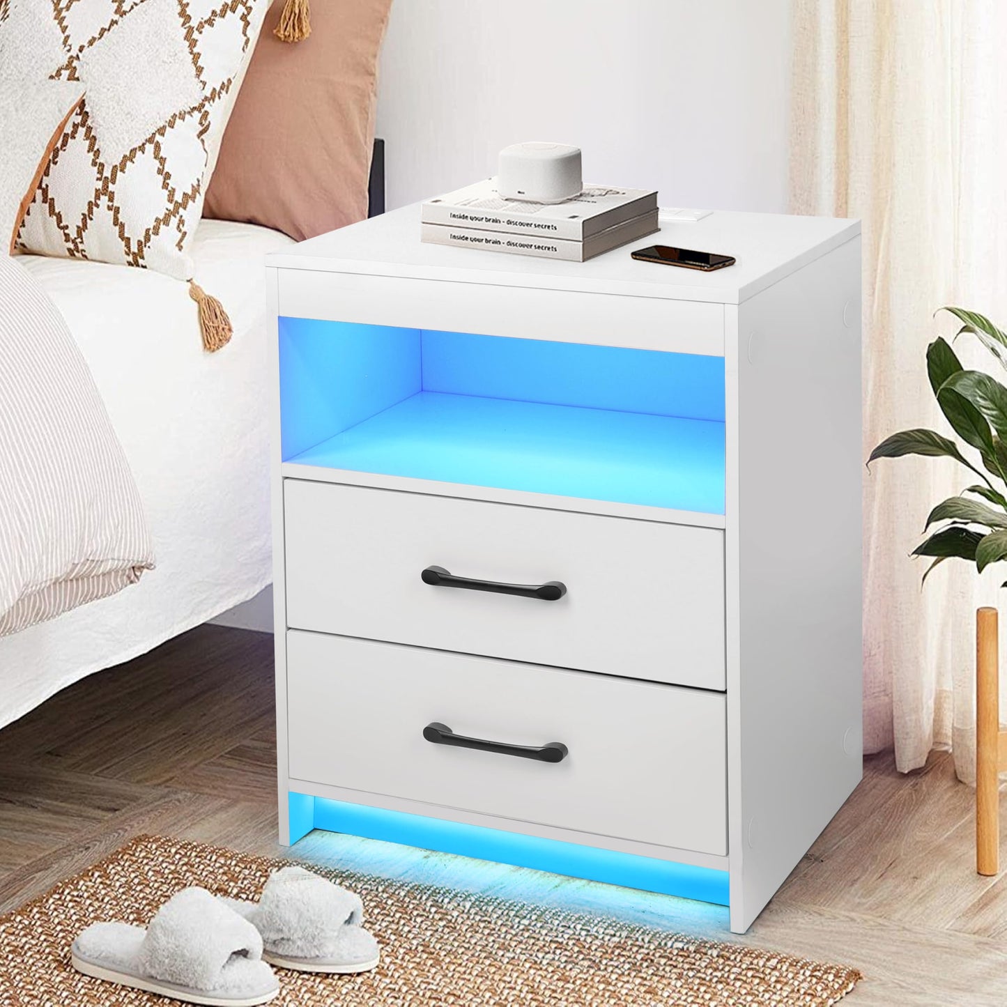 ansefe Nightstand with Charging Station and LED Lights, Bedside Table with 2 Drawers and Open Shelves, Modern End Side Table,White