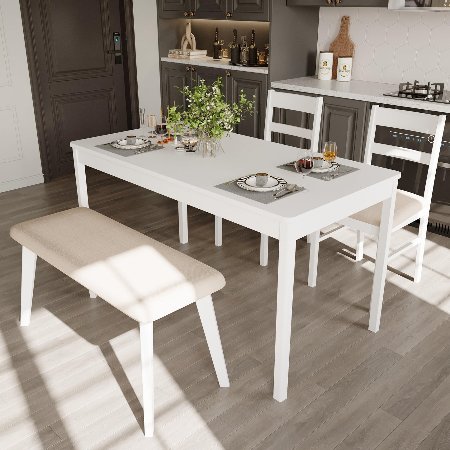 Orweiin 4-Piece Solid Wood Indoor Modern Rectangular Dining Table Set for 4 with Chairs and Bench,Table and Chairs Set with Soft Cushions for Kitchen,Bar,Living Room,Breakfast Nook,White