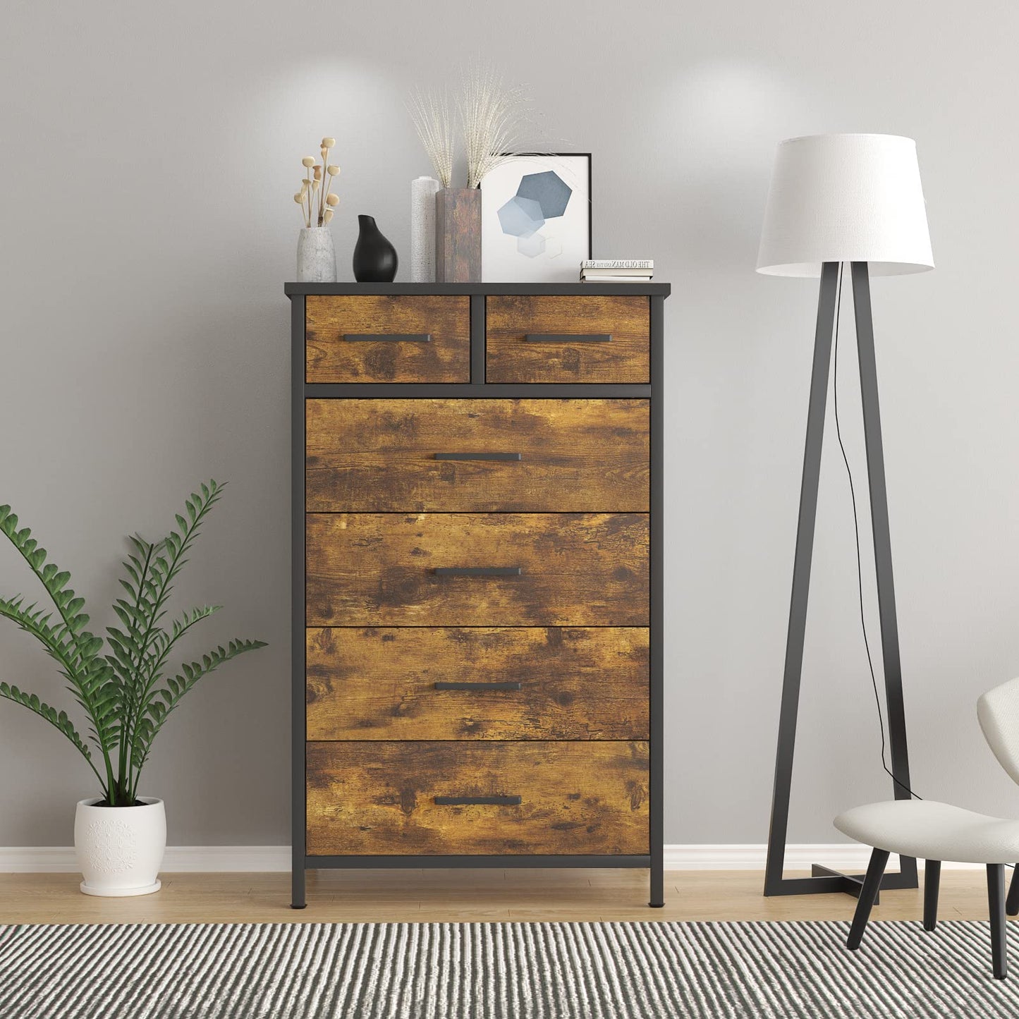 IKENO 6 Drawer Wood Dresser, Industrial Wood Storage Dresser Clothes Organizer, Sturdy Steel Frame, Storage Dresser for Bedroom