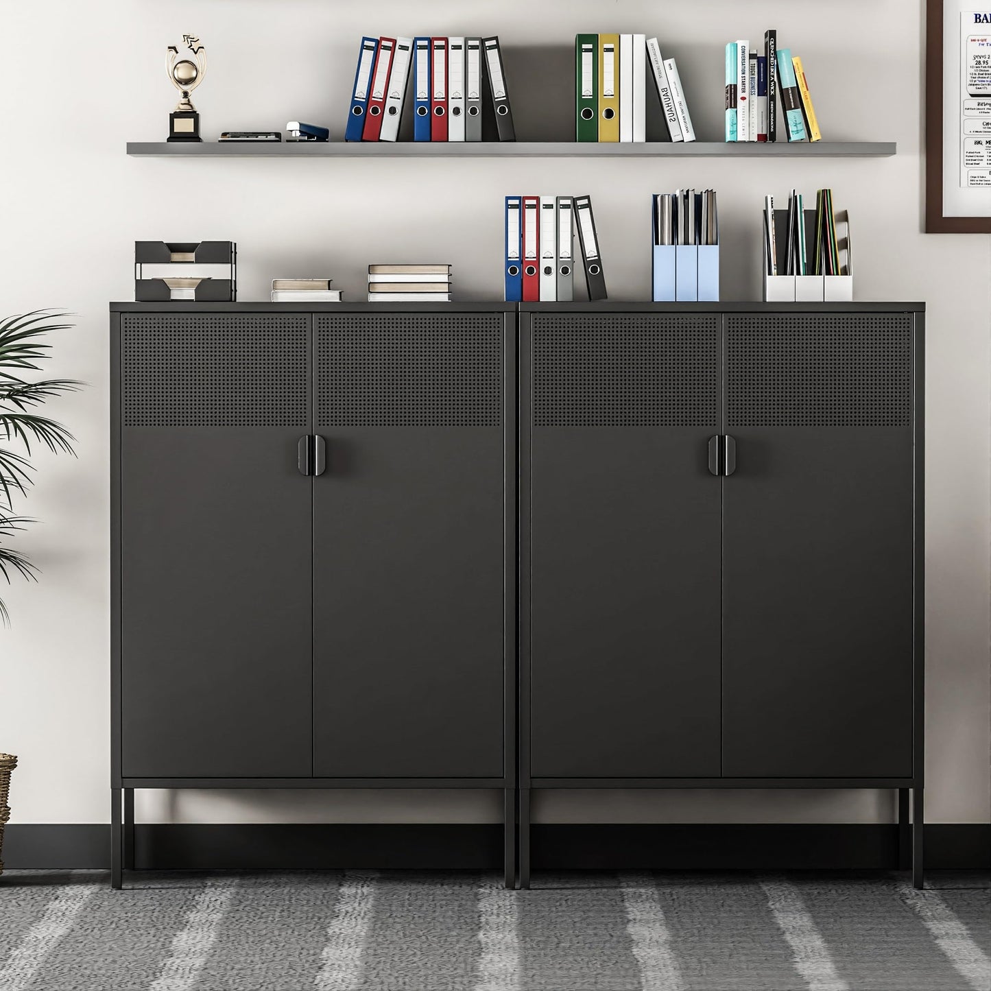 Ustamio Black Metal Storage Cabinet, Metal Locker Storage Cabinet with Doors and Shelves, 3 Tier Steel Office Storage Cabinet, Metal Sideboard for Home, Office, Kitchen and Coffee Bar