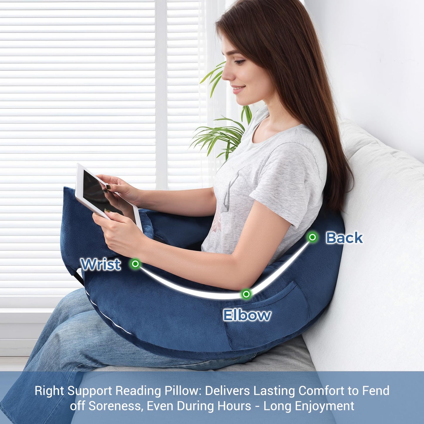 COOLBEBE Reading Pillow for Gaming, Arm Rest Support Pillow, U-Shaped Lap Pillow for Bed & Sofa, Compact Gaming Pillow with Tablet Support for Reading, Crocheting(Navy Blue)