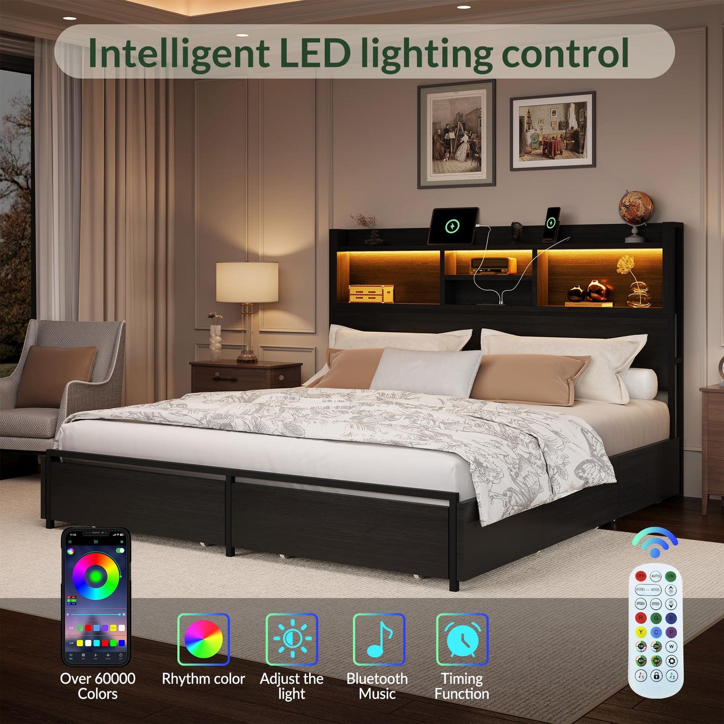 LARMACE King Size Bed Frame with 6 Storage Drawers and Headboard Wooden Platform Bed Frame with LED Lights and Charging Station Easy Assembly/No Box Spring Needed/Black
