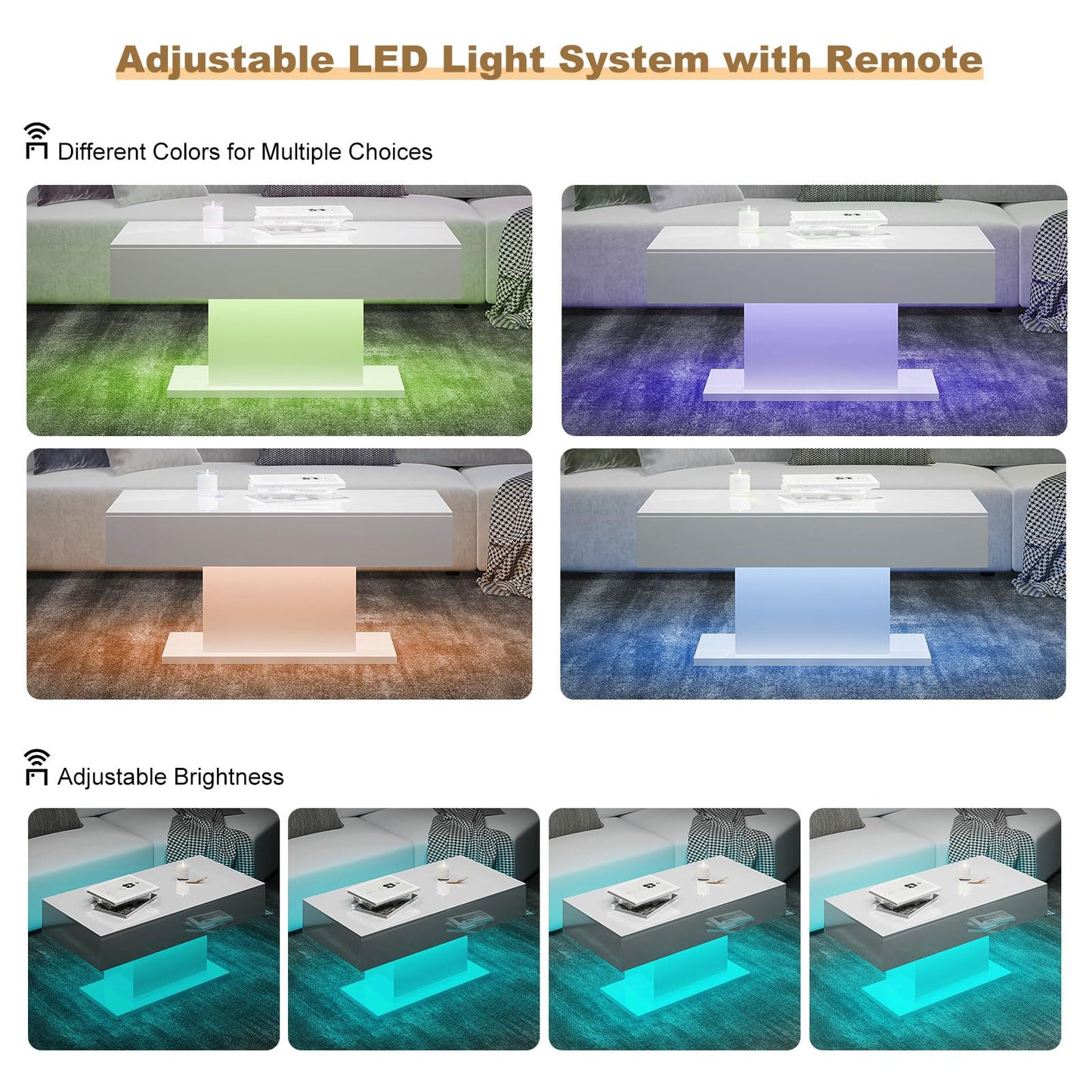 HedoAjim Led Coffee Table for Living Room, Living Room Table Rectangular Center Table, Modern High Glossy Wooden Coffee Tables with 16 Colors LED Lights for Dining Reception Room, White