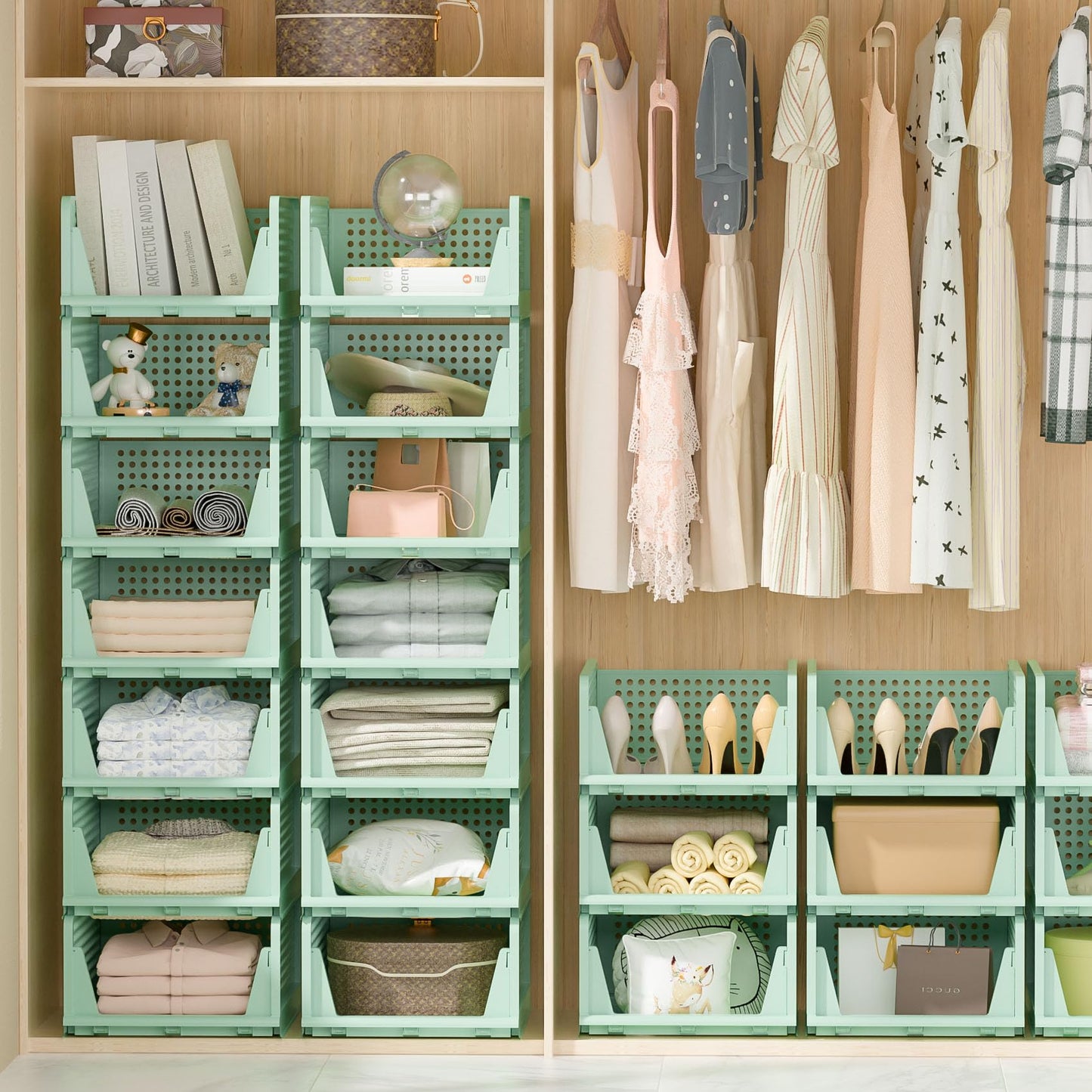 Neprock Closet Organizers - 5 Pack Folding Plastic Drawer Storage for Clothes, Stackable Bins for Closet, Cupboard, RV Bathroom (5L Green)