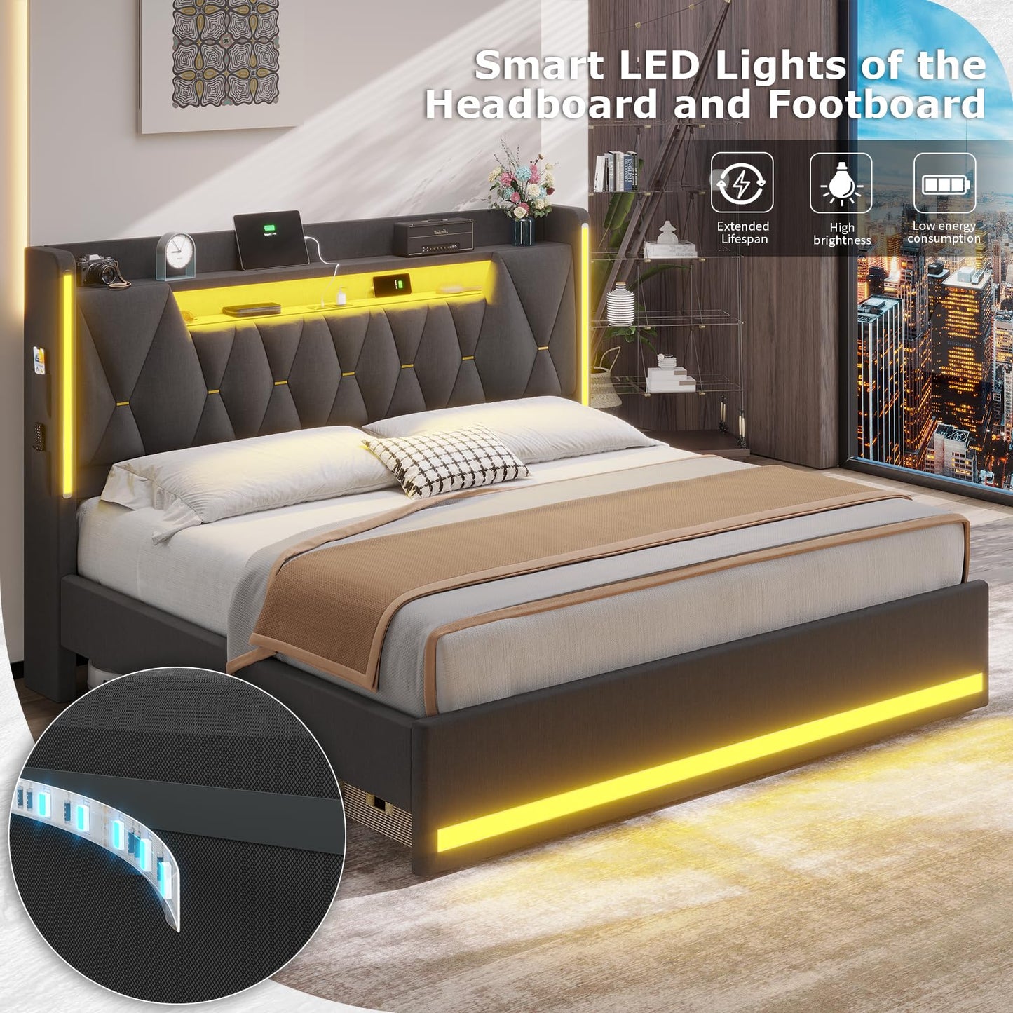 BYSAUD King Size Bed Frame with LED Lights & Charging Station, LED King Bed with Hidden Space and 2-Tier Shelves, Upholstered Metal Bed Frame with Headboard, No Box Spring Needed, Dark Gray, Linen