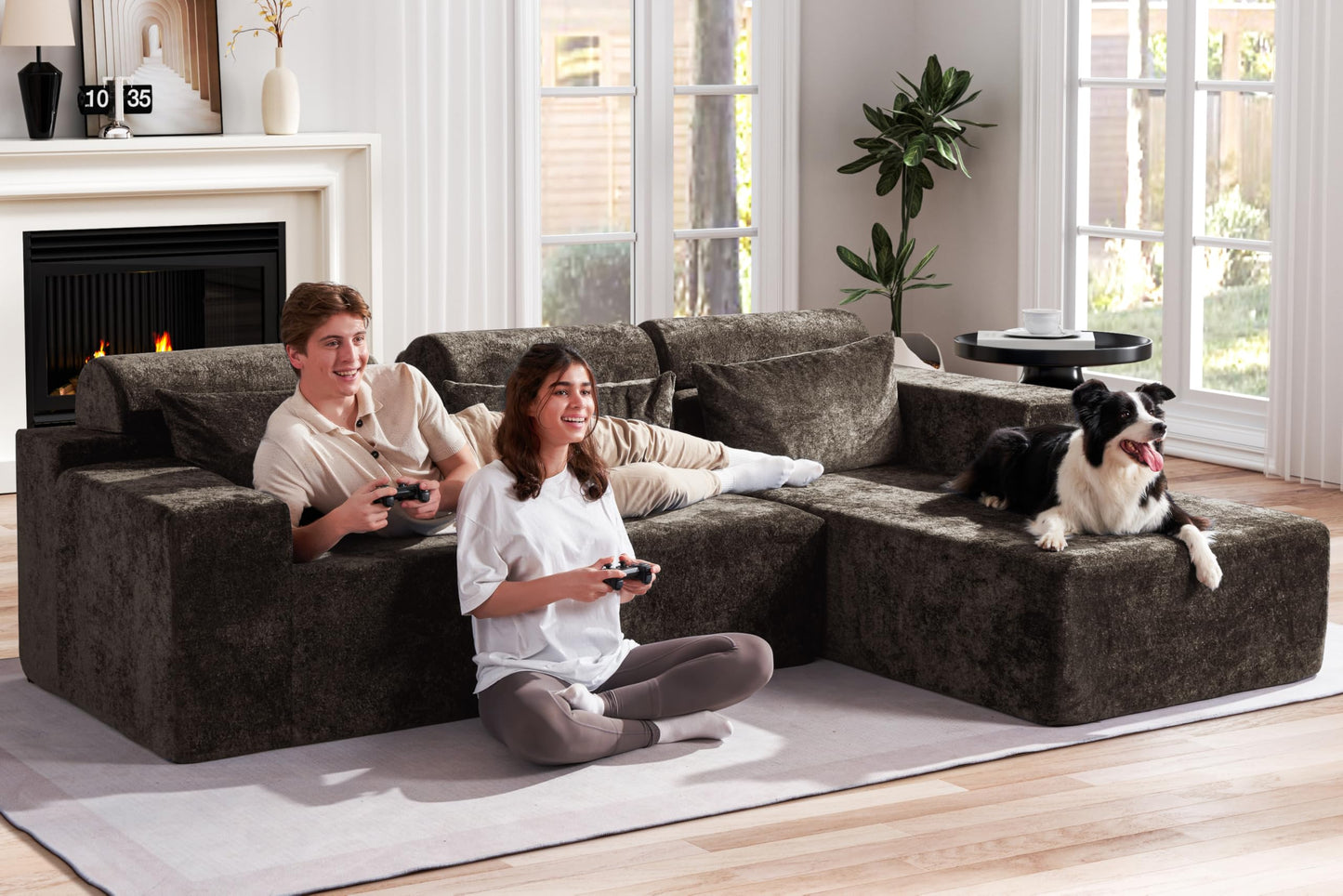Homguava Modular Sectional Couches for Living Room,105" Cloud Couch with L-Shape Chaise,Comfy Sofa Living Room Couch with Deep Seat,No Assembly L Couch,Luxury Distressed Velvet(Yellow Brown,R)