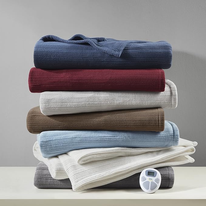 Serta Travis Fleece Ultra Soft Tri-Rib Textured Electric Blanket, Cozy and Snuggly Cover Fast Heating for Cold Weather, Auto Shut Off, Multi Heat Setting Controller, King, Berry Red
