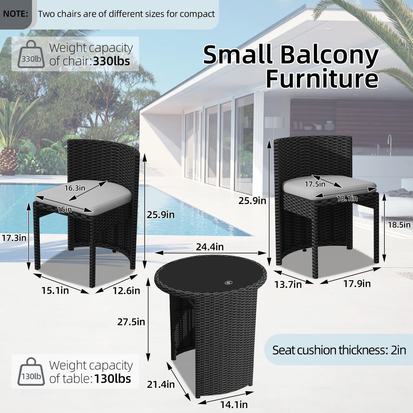 TWT 3 Pieces Fully Assembled Aluminum Outdoor Patio Bistro Set All-Weather Wicker Patio Furniture with Tempered Glass Table & Patio Chairs for Poolside Porch Deck Apartment Black