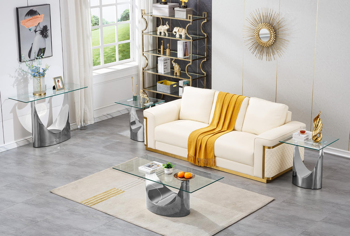 SSLine Modern 1 Piece Living Room Coffee Table Luxury Silver Glass Coffee Table with Sturdy Stainless Steel Base for Living Room Bedroom Office (1 Coffee Table)