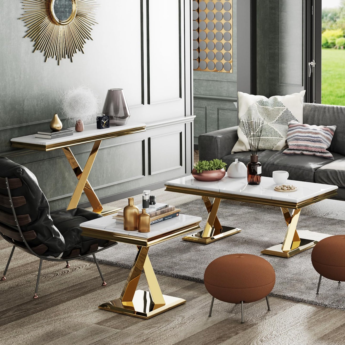 ACEDÉCOR Gold Console Table, 50" Entryway Table with White Tabletop & Gold Polished X-Base, Luxury Sofa Table for Living Room, Hallway, Foyer